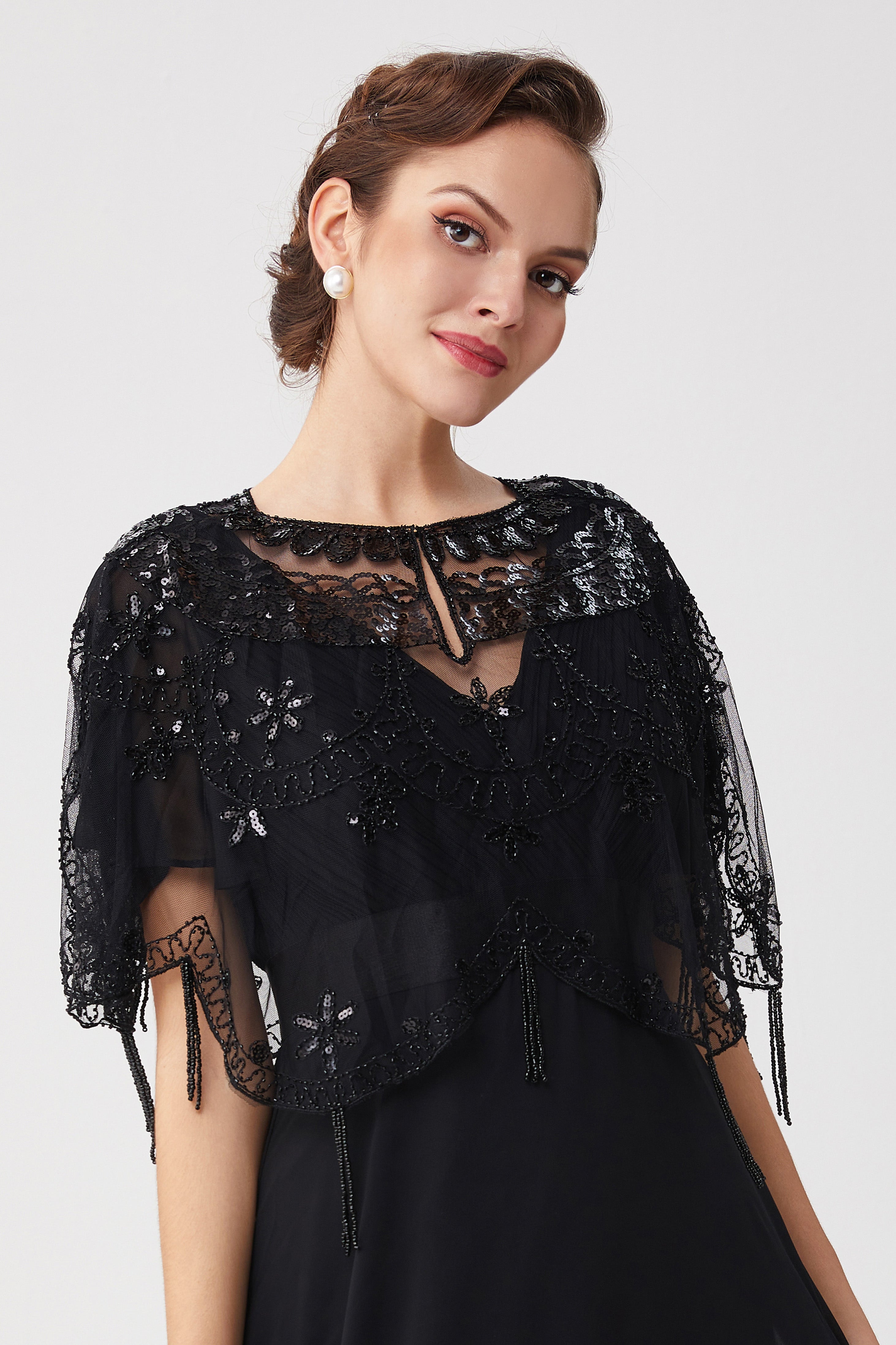 1920s Sequin Beaded Evening Shawl | Black | 2