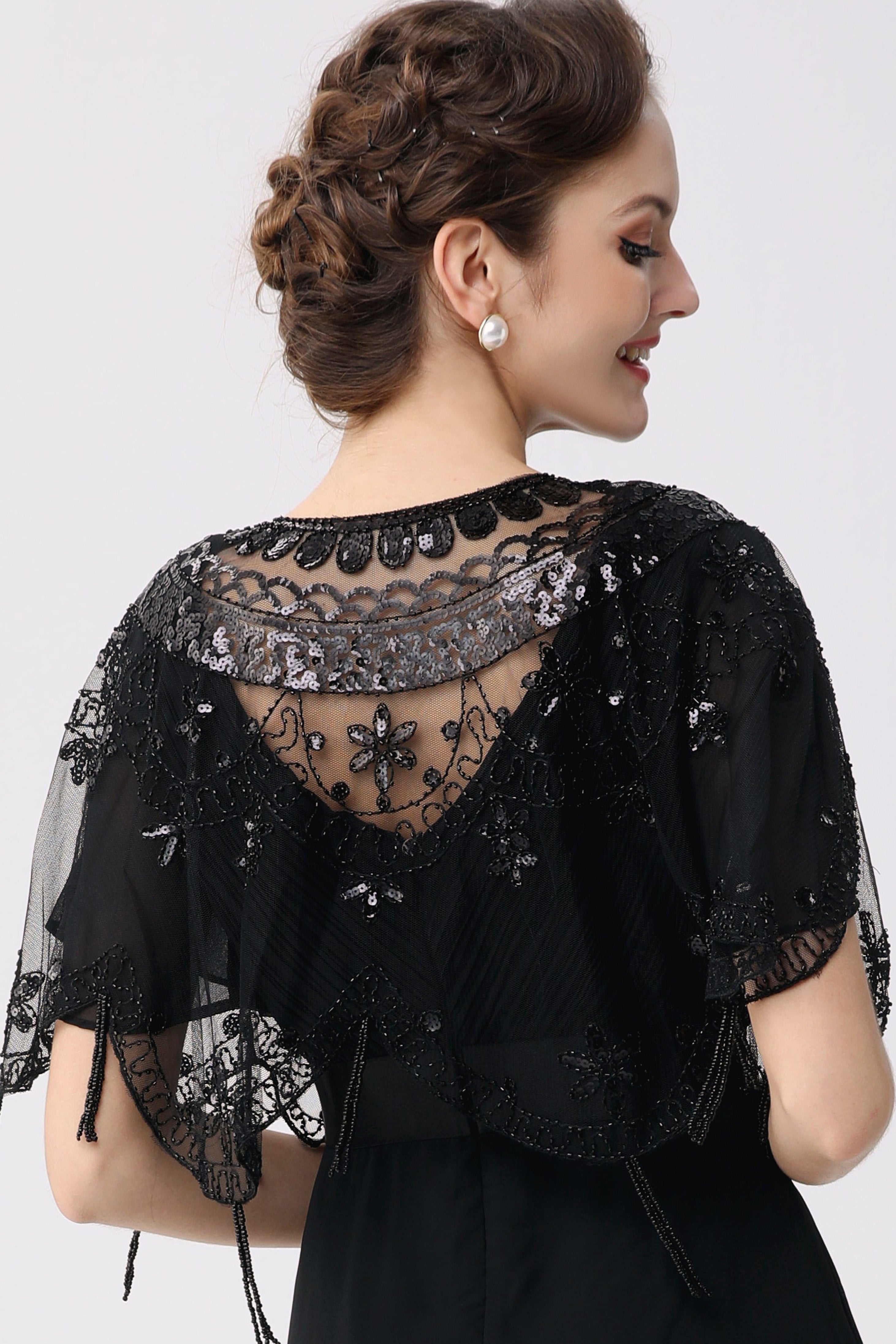 1920s Sequin Beaded Evening Shawl | Black | 5
