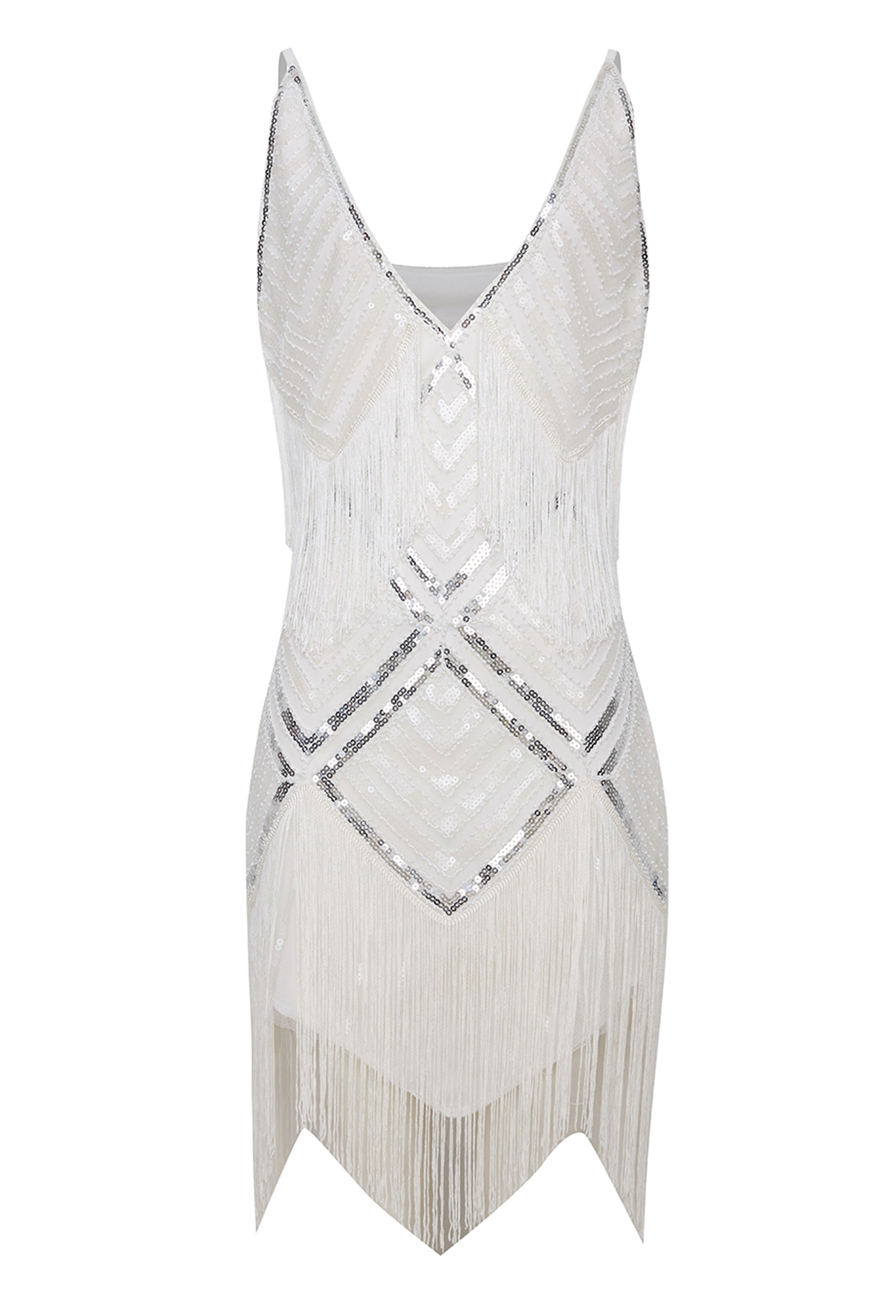 Beaded Sequin V-Neck Mini Slip Dress | White | 5