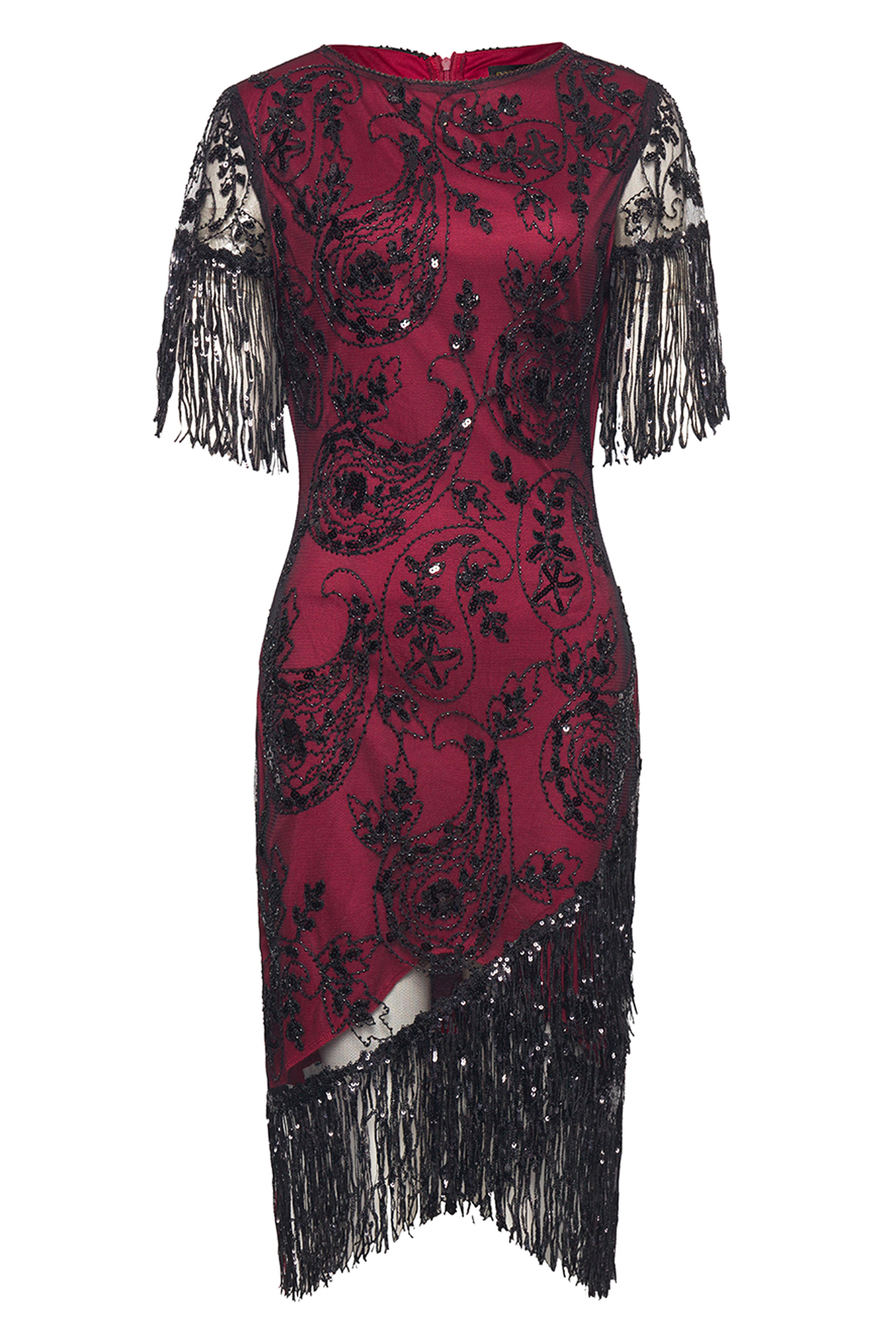 Embellished Sequin Fringe Art Deco Dress | Burgundy | 6