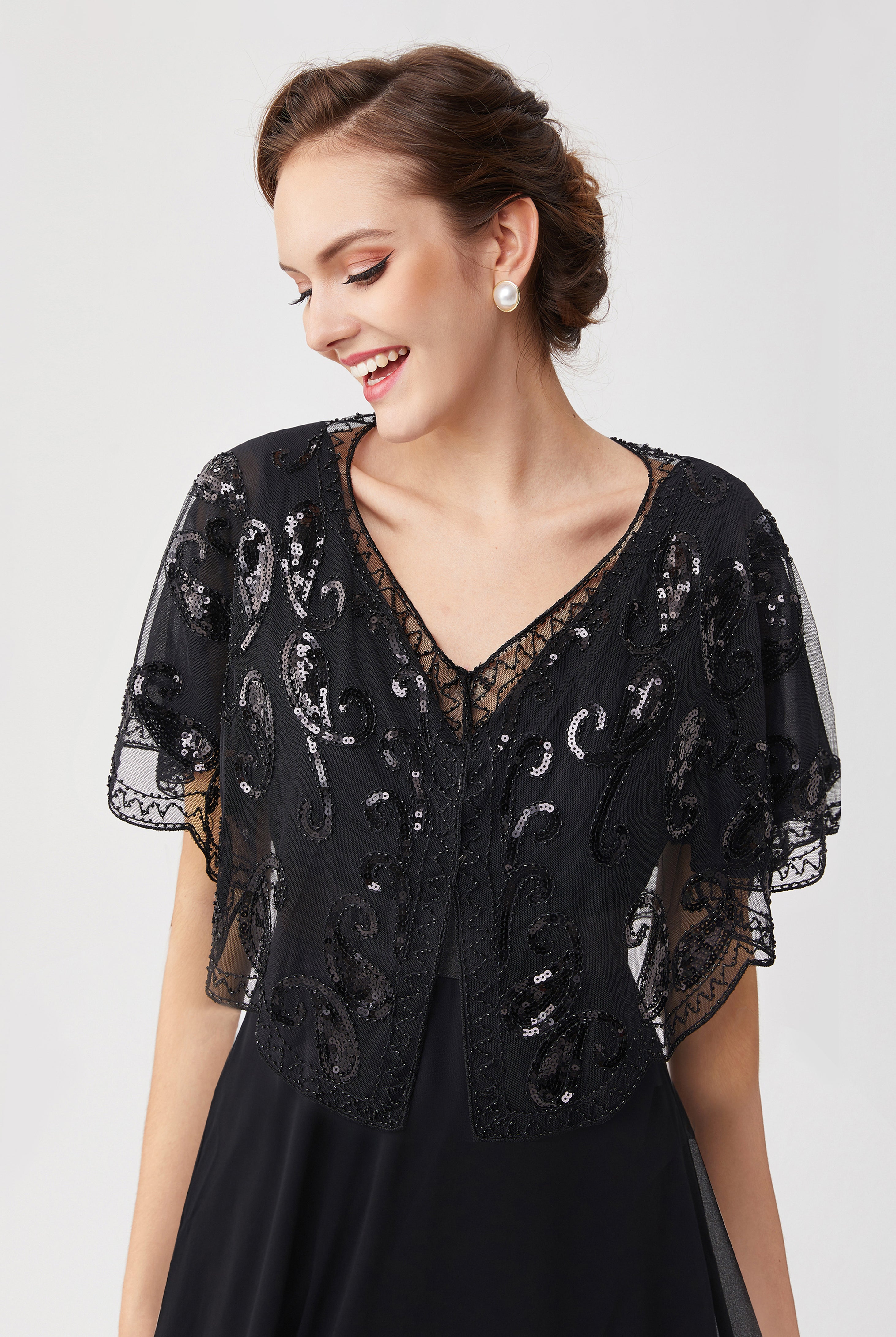 1920s Sequin Beaded Gatsby Shawl | Black | 18