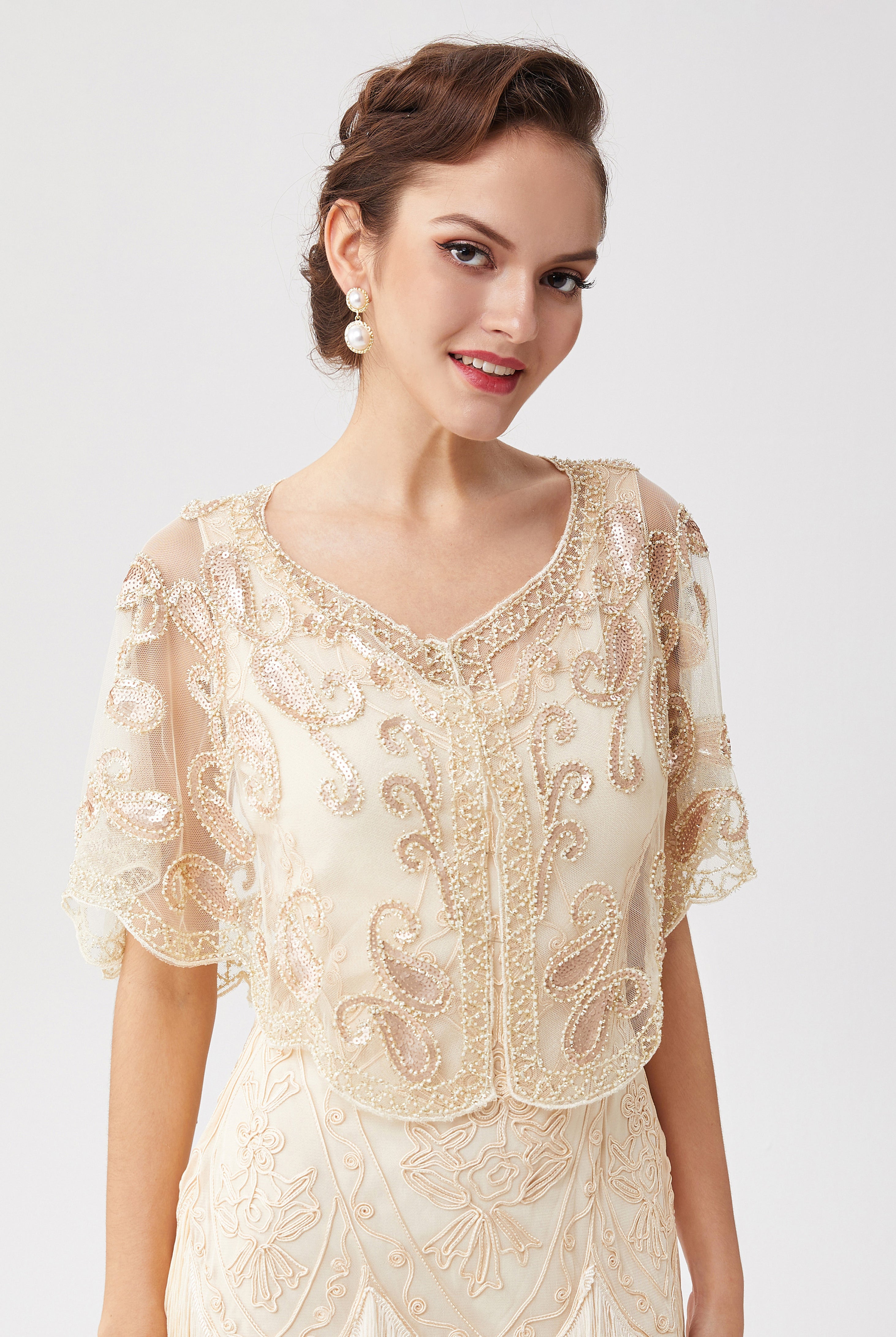 1920s Sequin Beaded Gatsby Shawl | Cream | 7