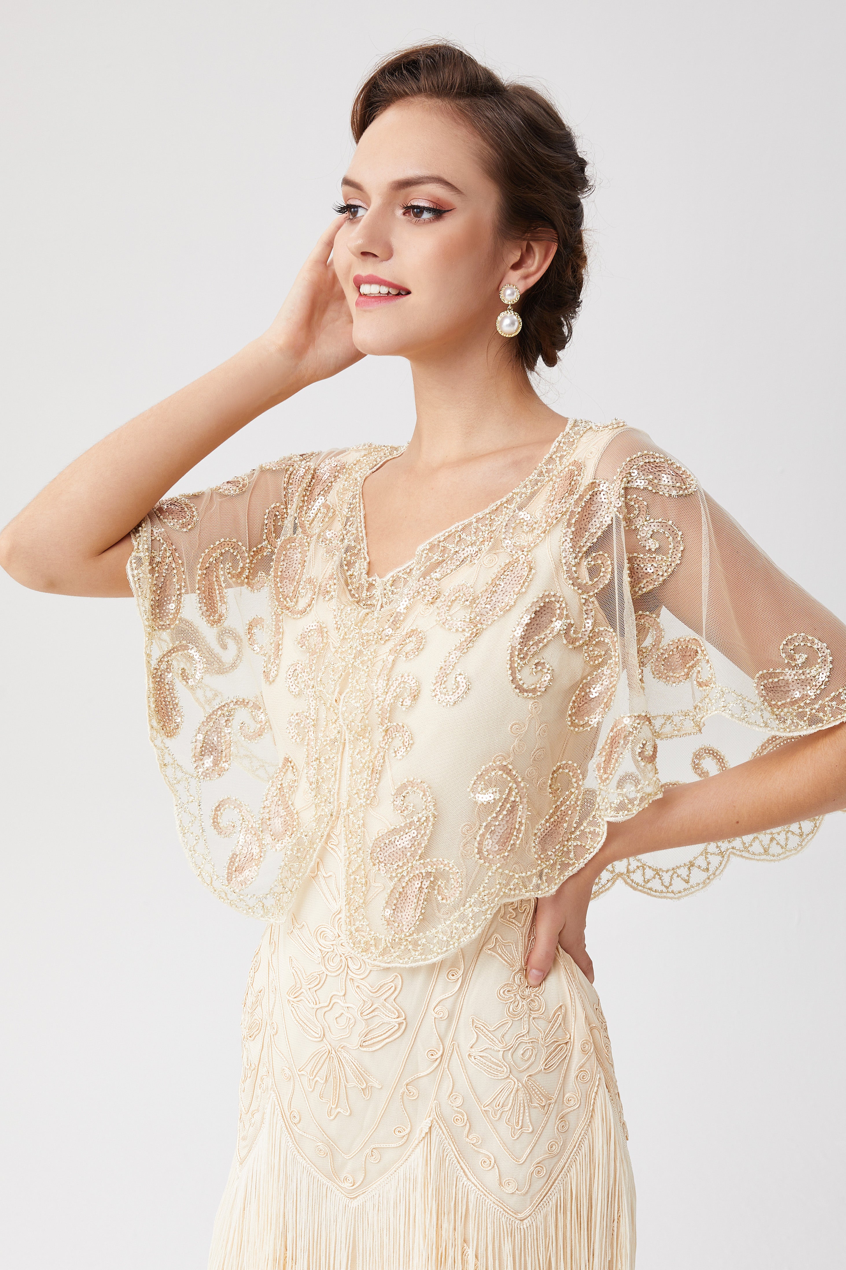 1920s Sequin Beaded Gatsby Shawl | Cream | 9