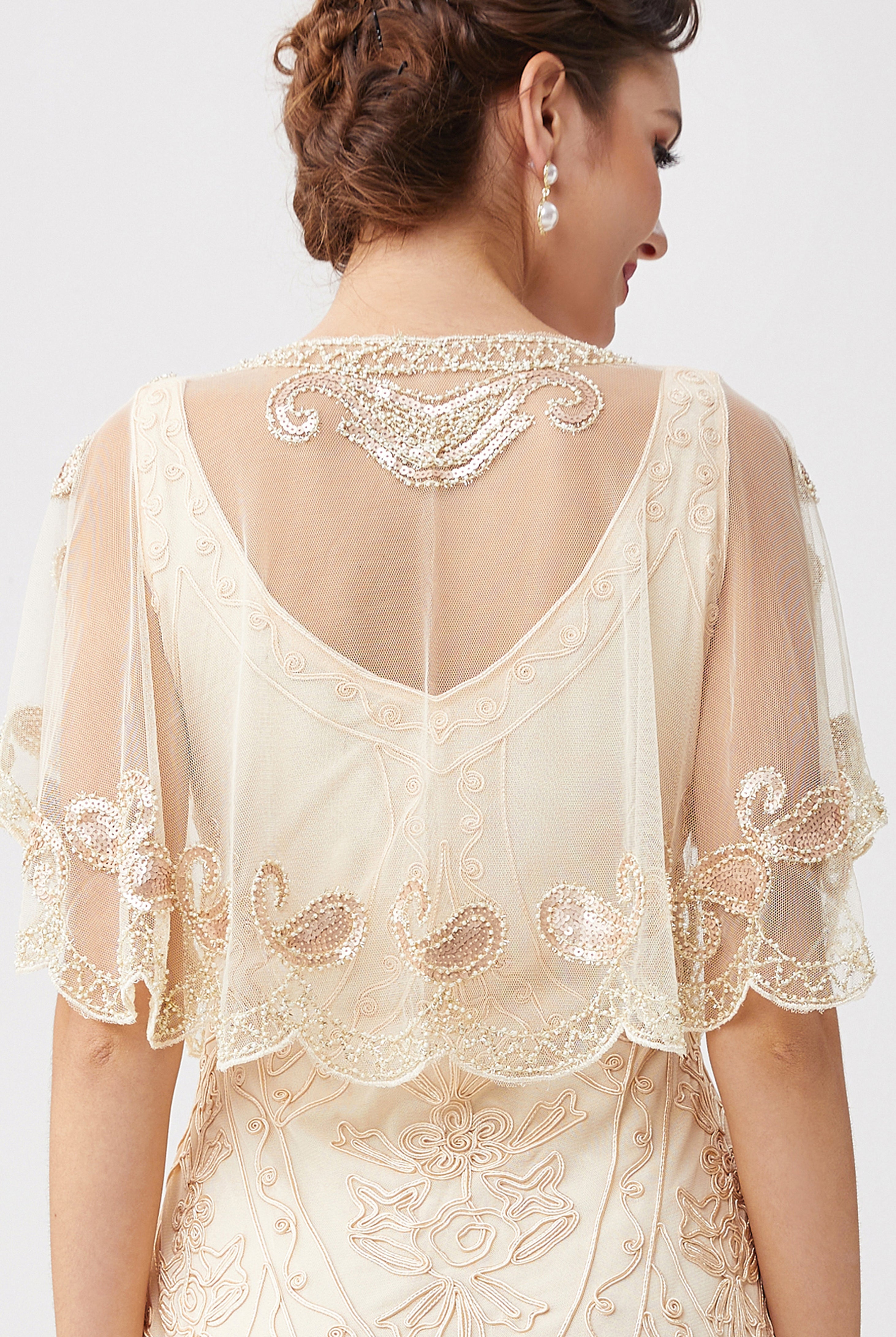 1920s Sequin Beaded Gatsby Shawl | Cream | 11