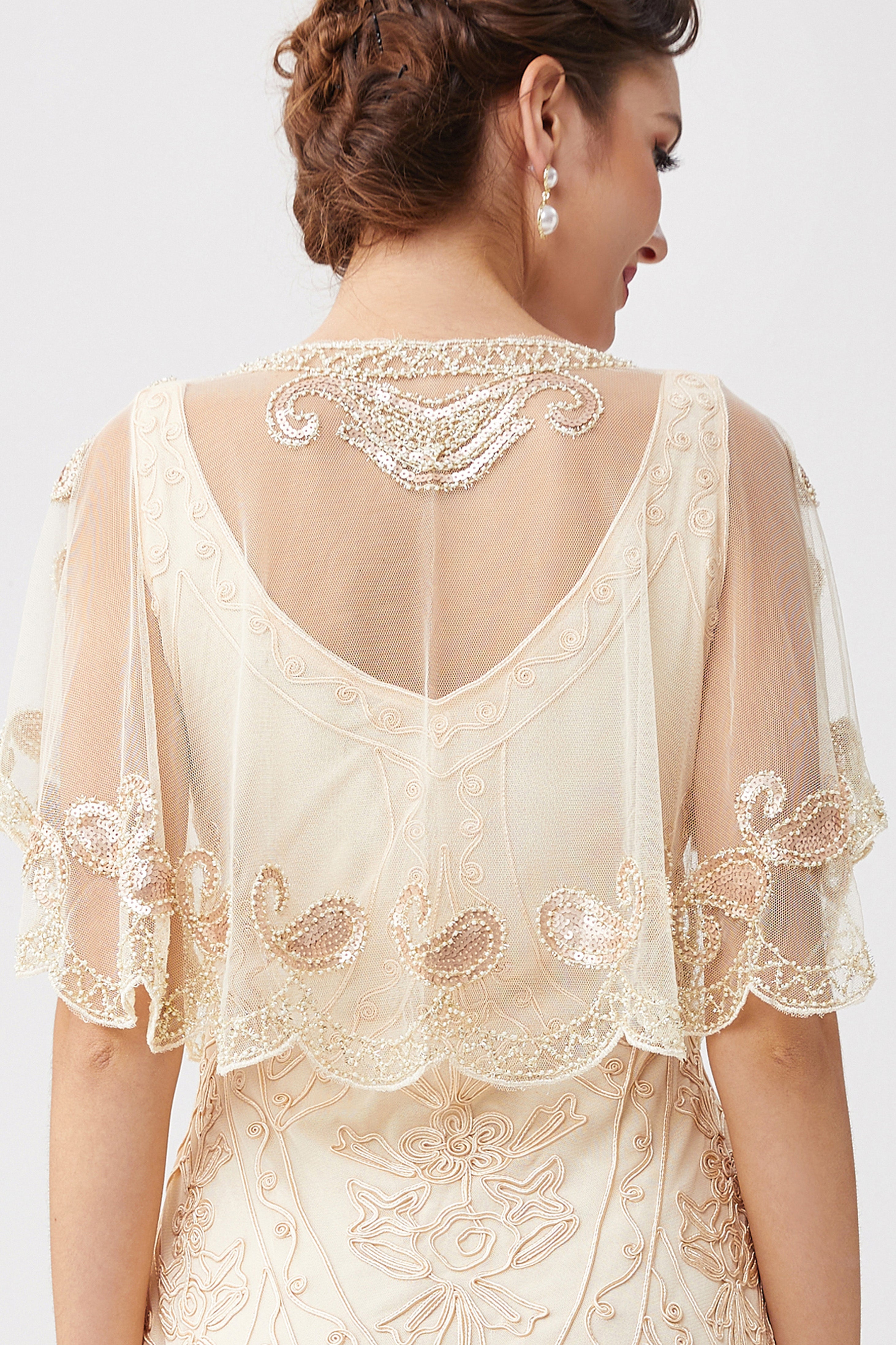 1920s Sequin Beaded Gatsby Shawl | Cream | 11