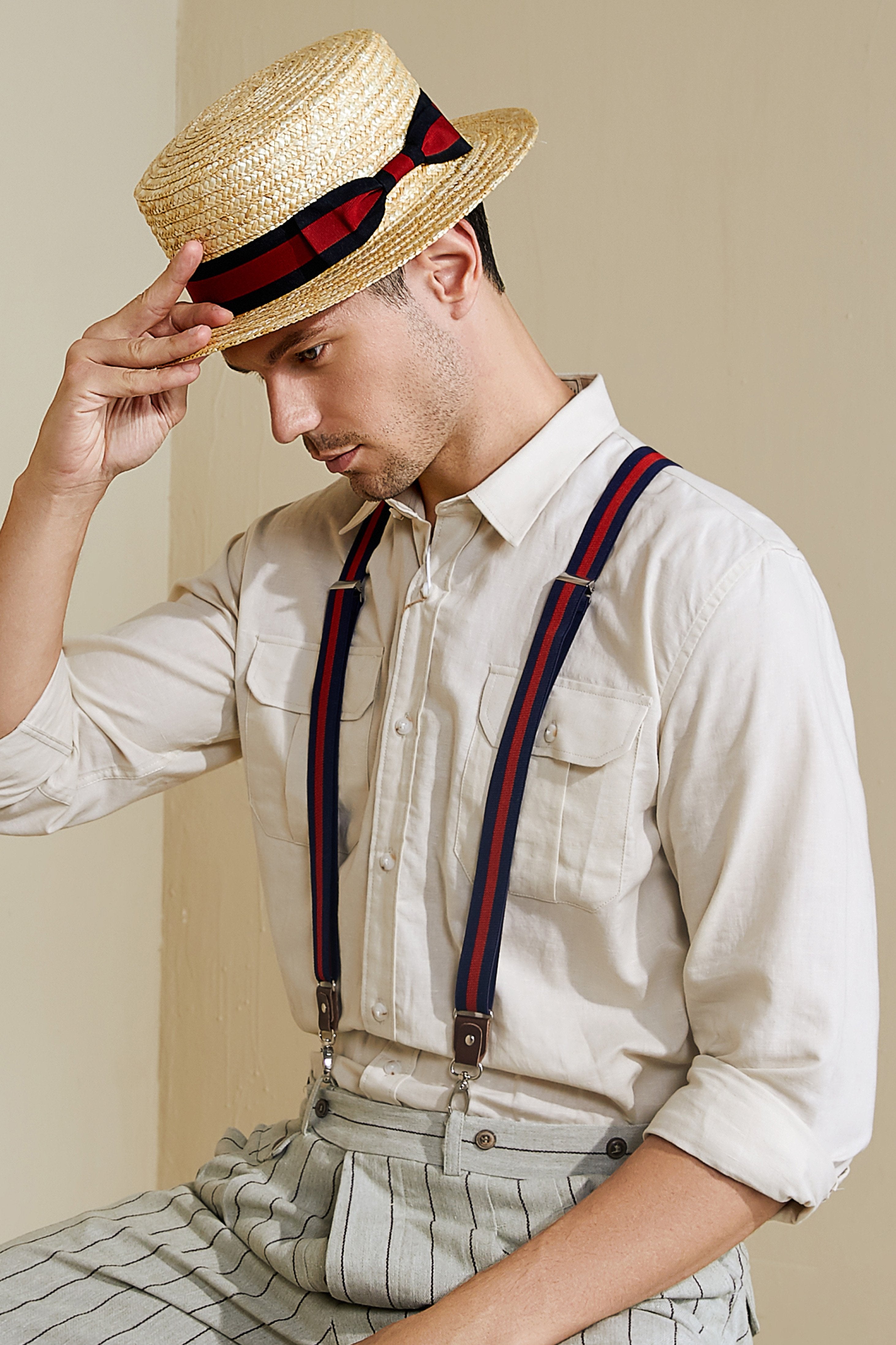 1920s Mens Gatsby Straw Hat Set | Black/Red | 13