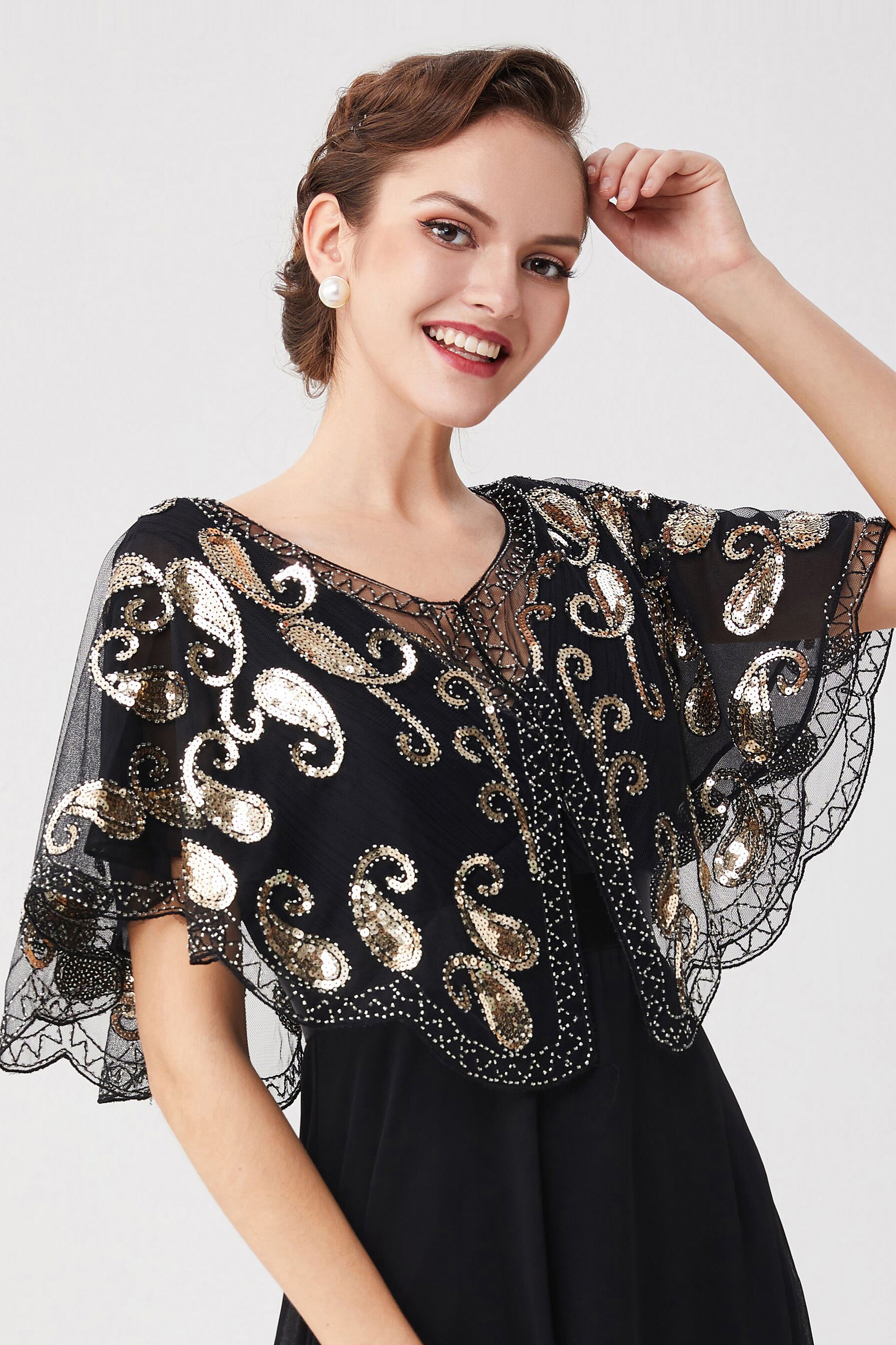 1920s Sequin Beaded Gatsby Shawl | Black/Silver | 13