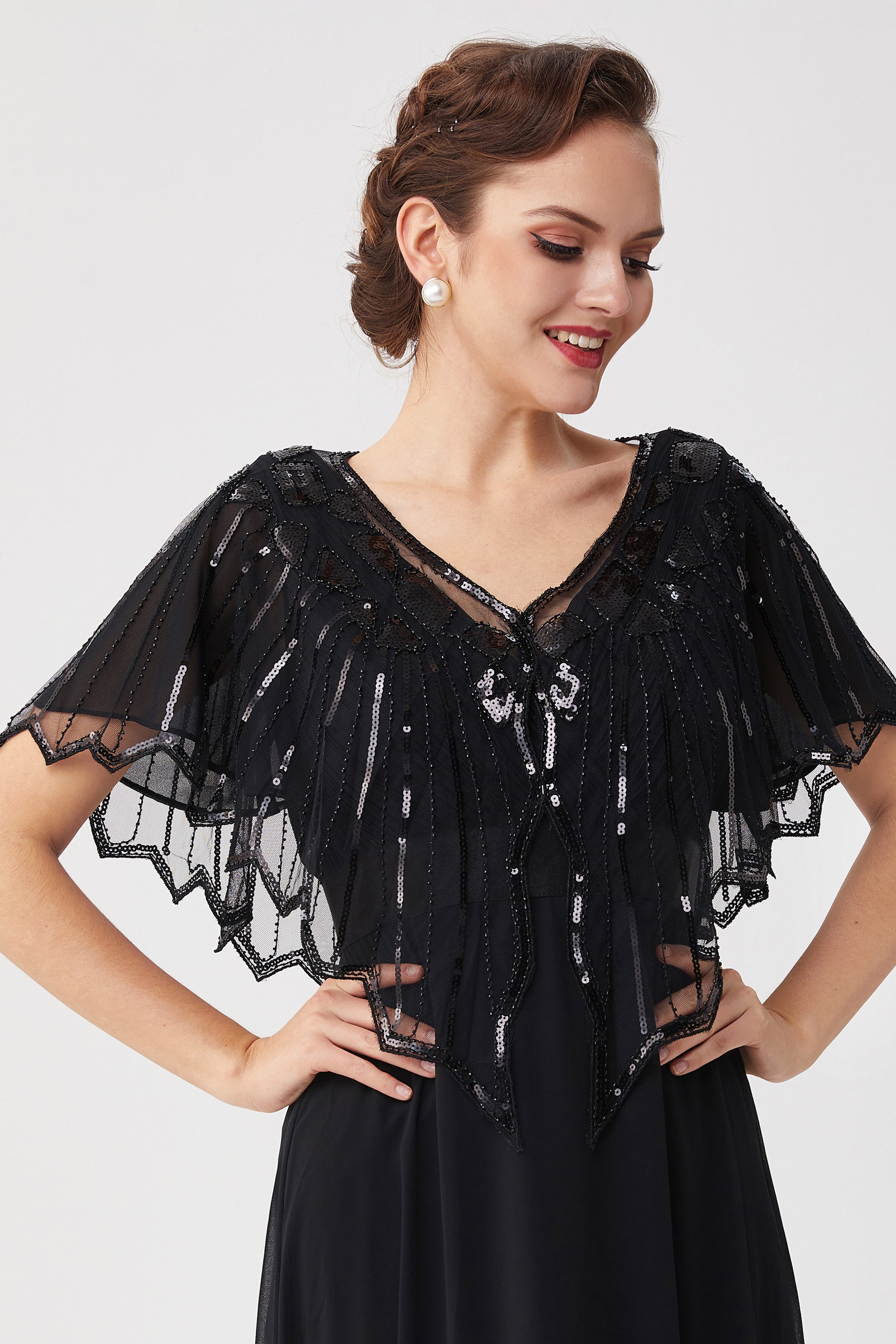 1920s Sequin Flapper Evening Shawl | Black | 7