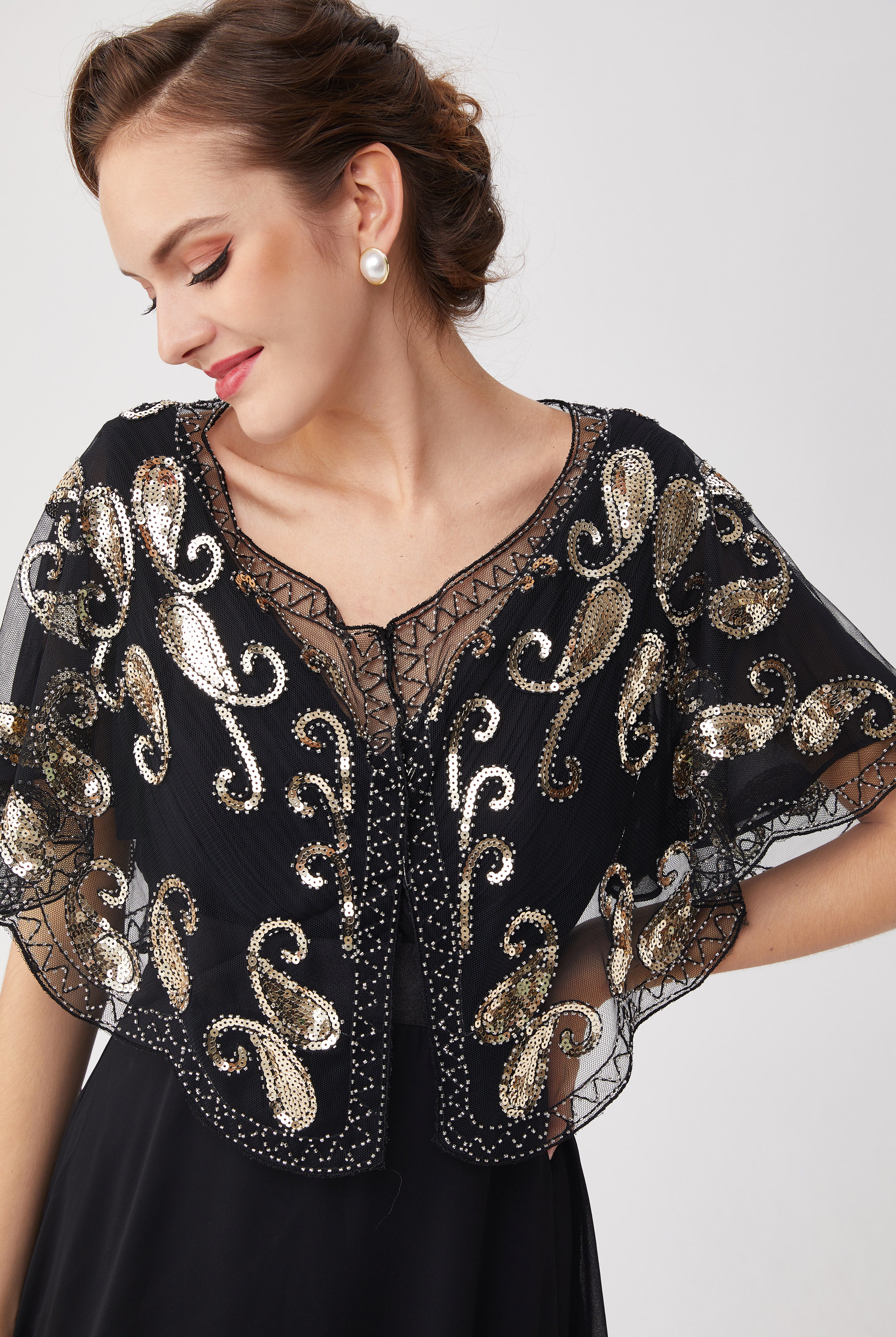 1920s Sequin Beaded Gatsby Shawl | Black/Silver | 14
