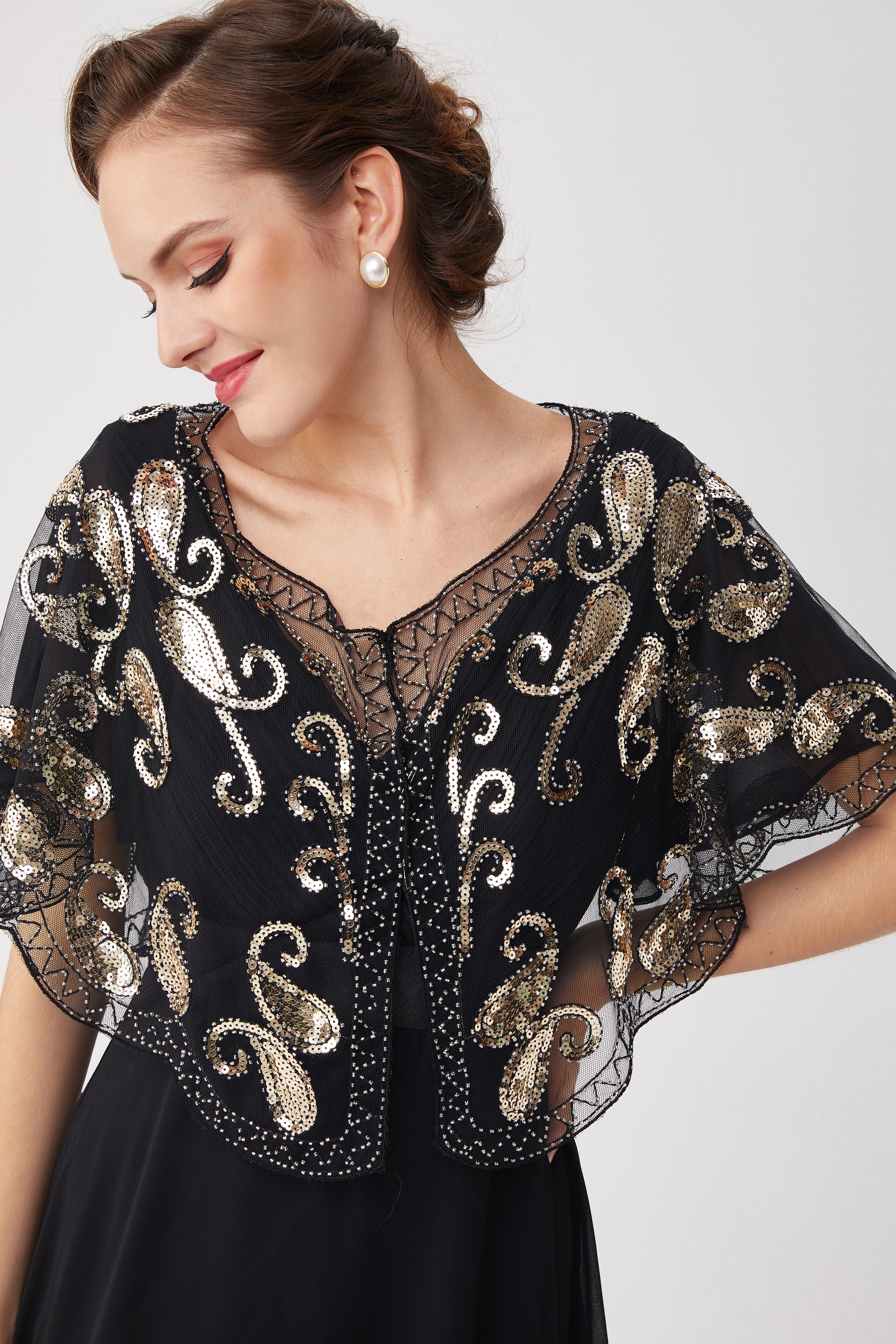 1920s Sequin Beaded Gatsby Shawl | Black/Silver | 14