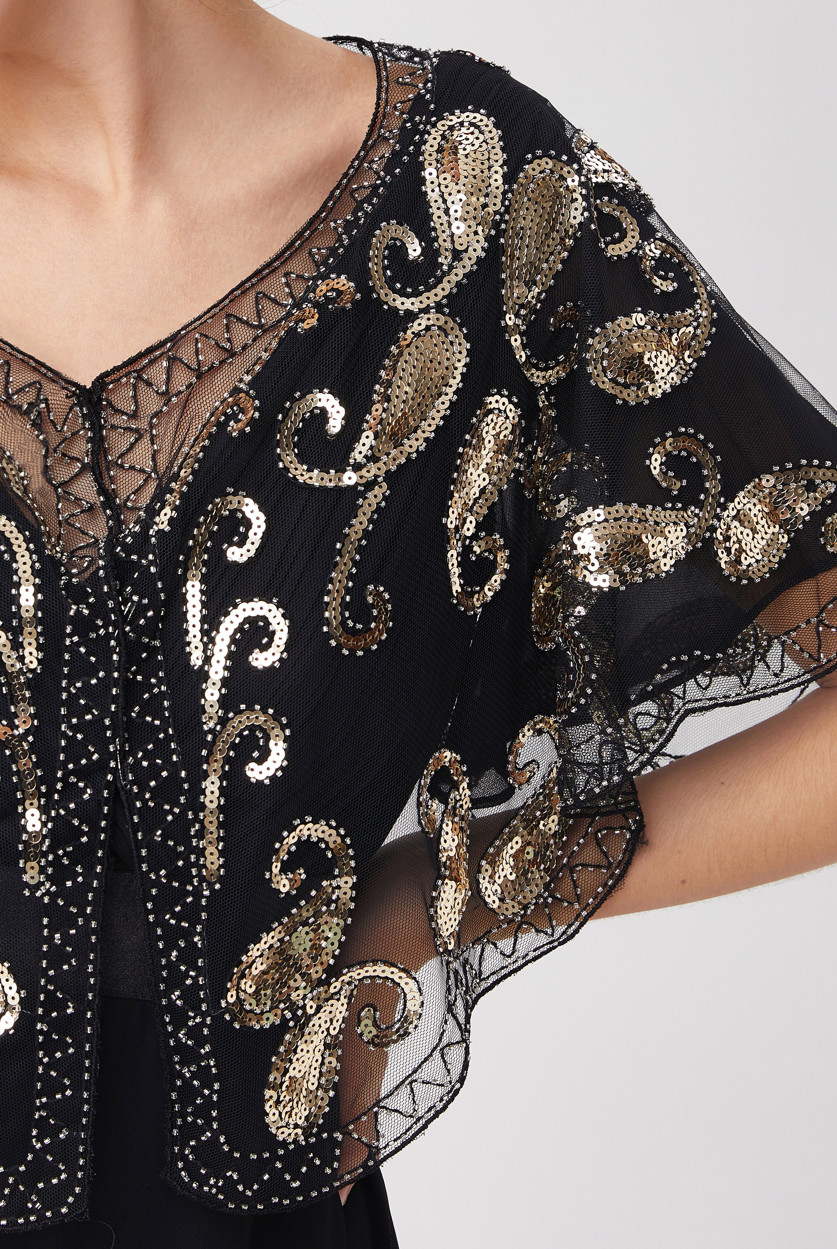 1920s Sequin Beaded Gatsby Shawl | Black/Silver | 15