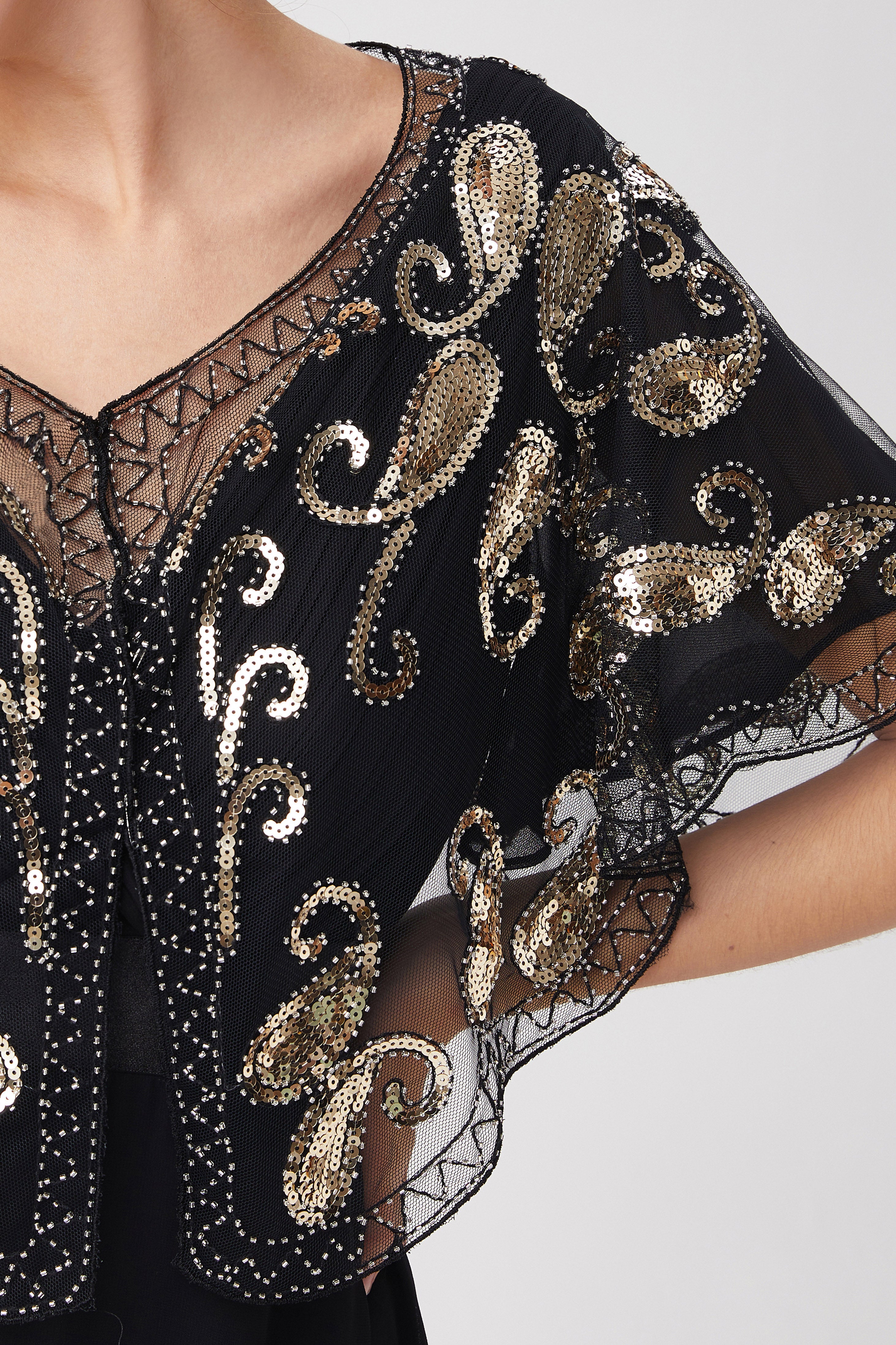 1920s Sequin Beaded Gatsby Shawl | Black/Silver | 15