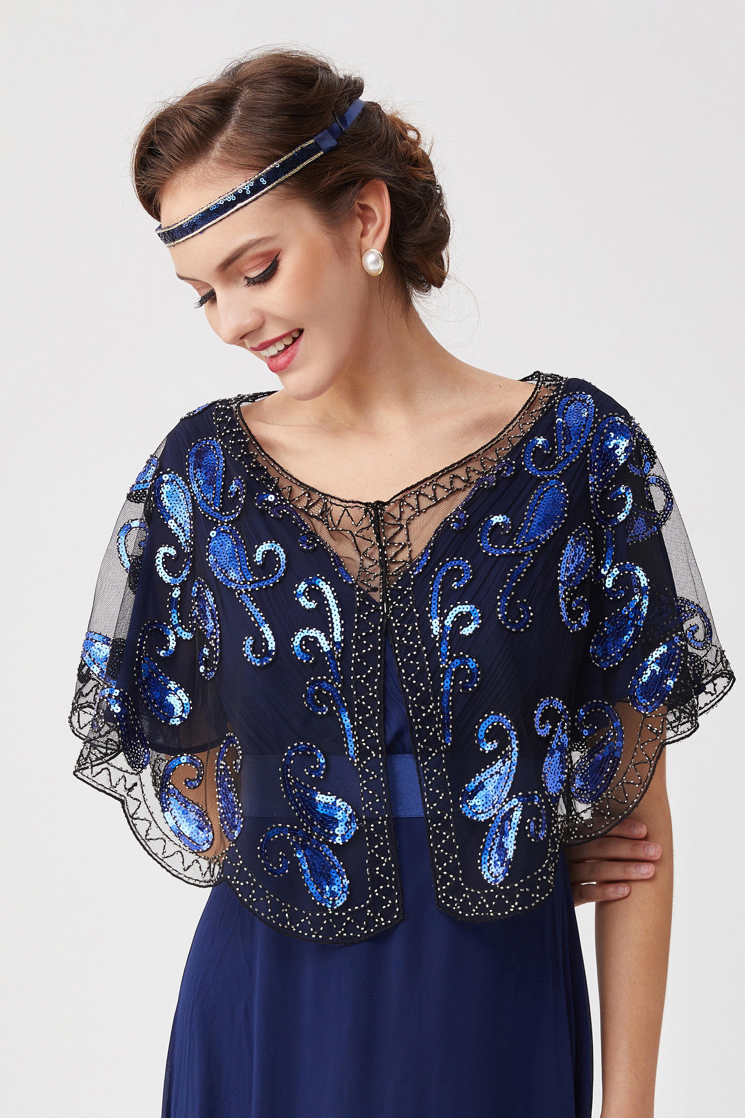 1920s Sequin Beaded Flapper Shawl | Black/Blue | 2