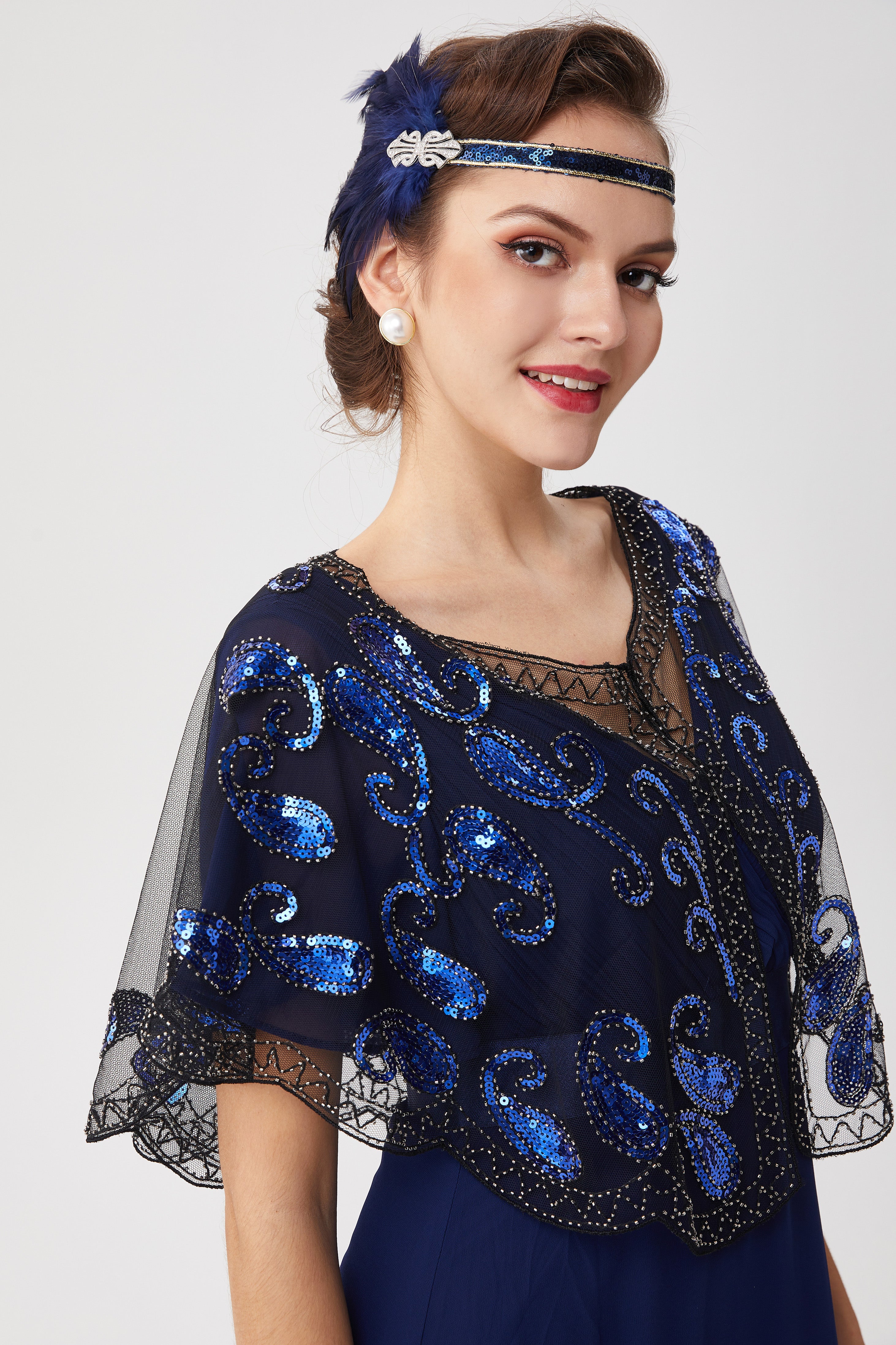 1920s Sequin Beaded Flapper Shawl | Black/Blue | 3