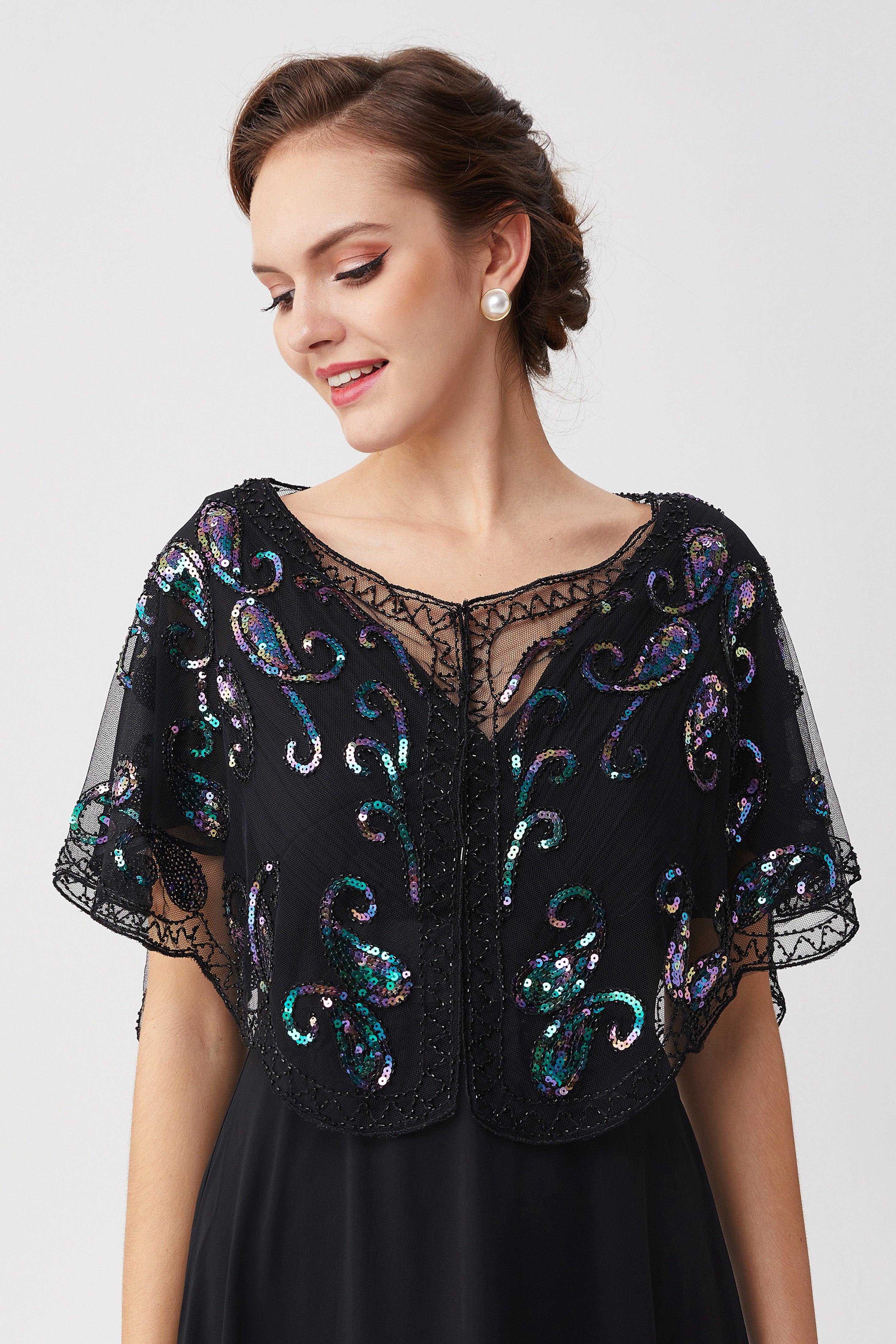 1920s Sequin Beaded Flapper Shawl | Black/Iridescence | 13