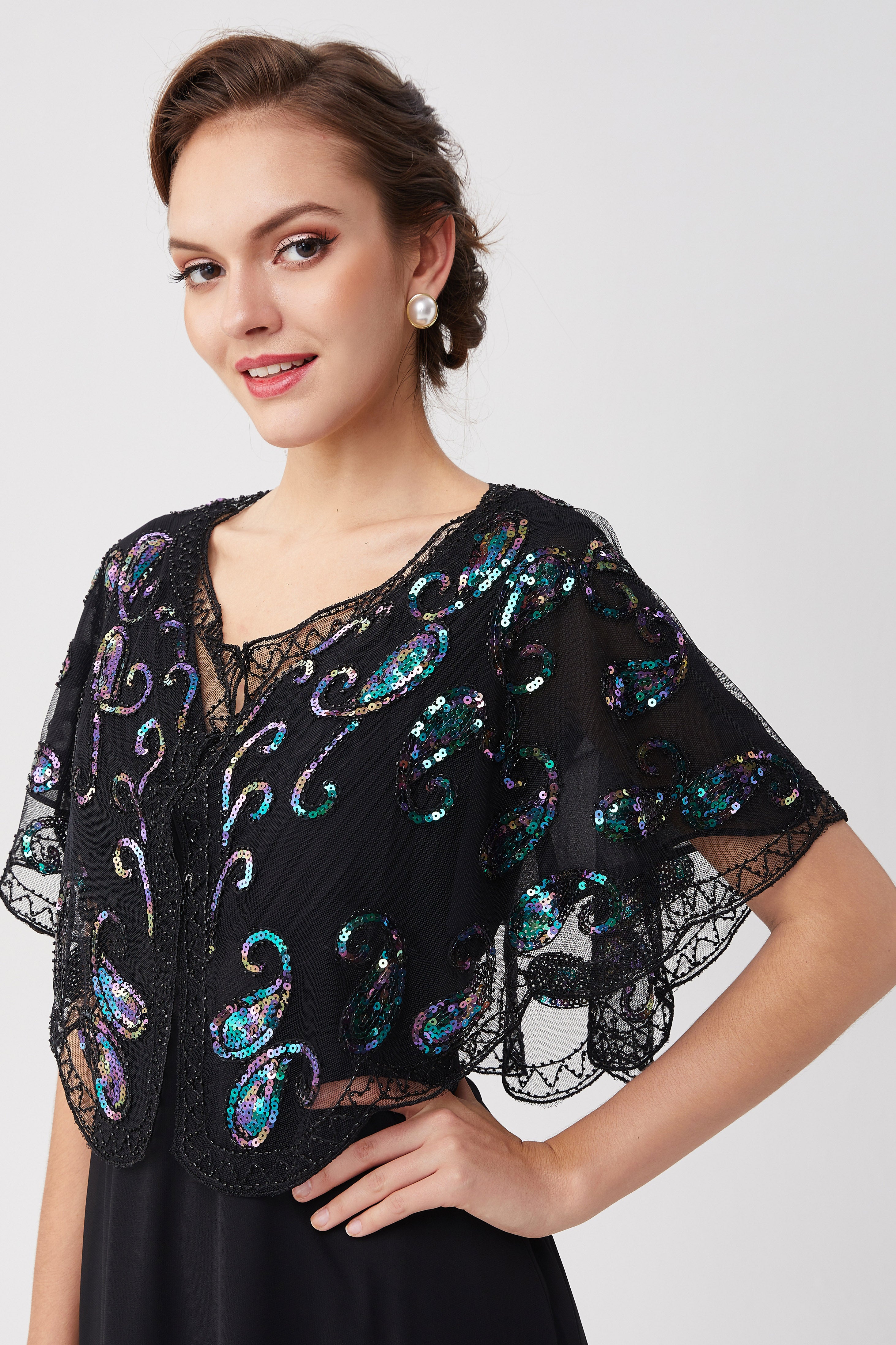 1920s Sequin Beaded Flapper Shawl | Black/Iridescence | 12