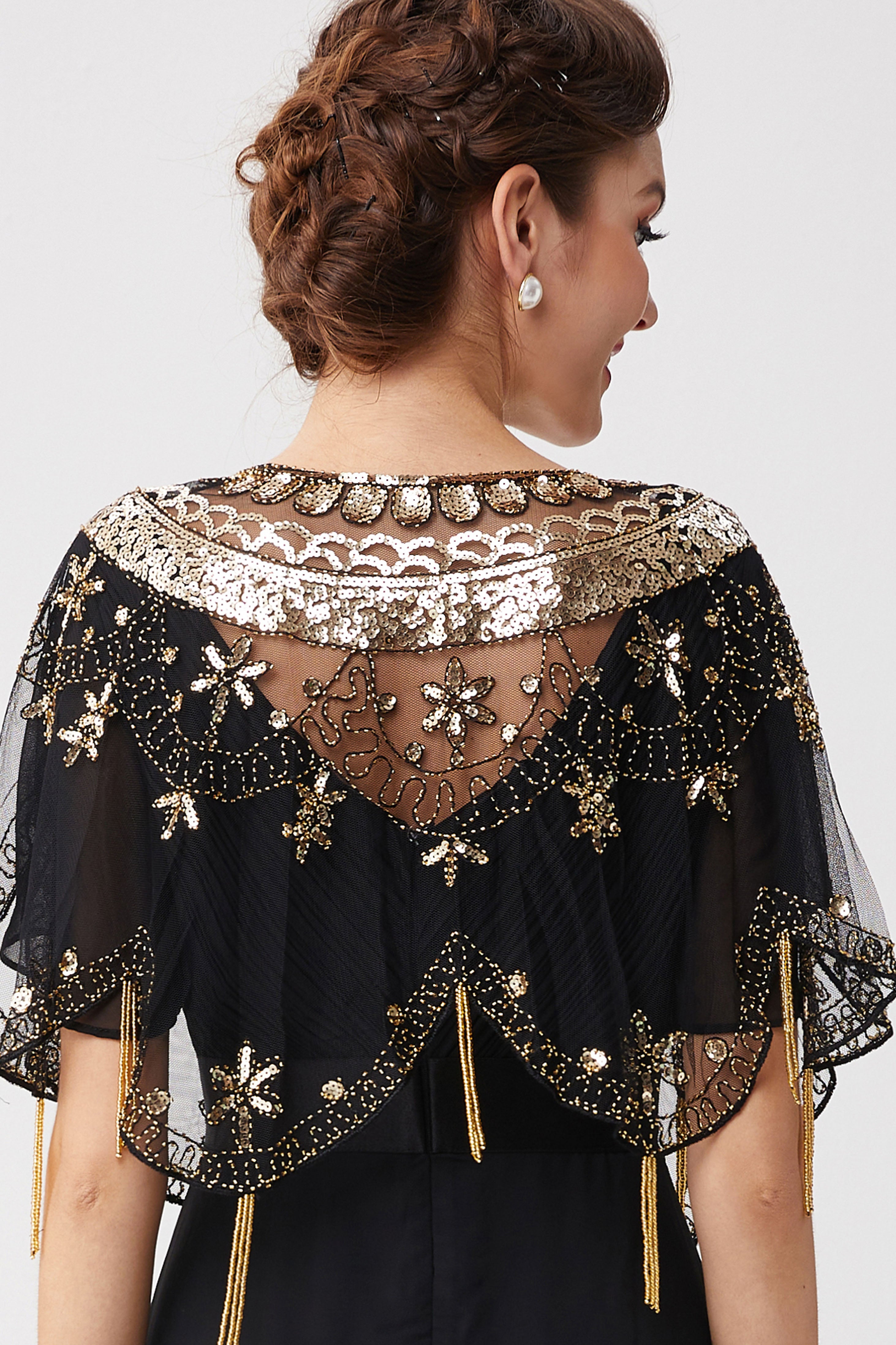 1920s Sequin Beaded Evening Shawl | Black/Gold | 10