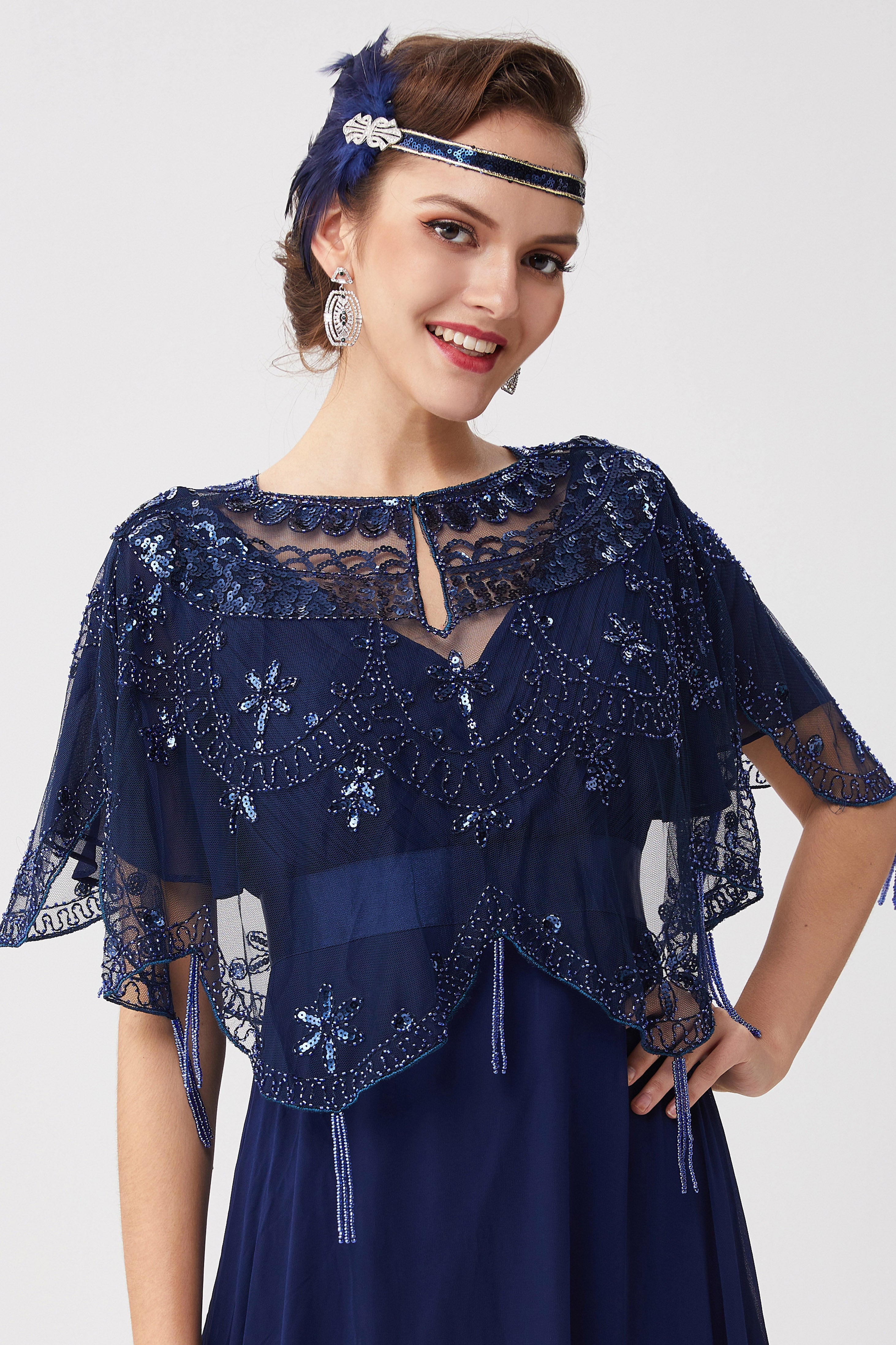 1920s Sequin Beaded Evening Shawl | Black/Blue | 12