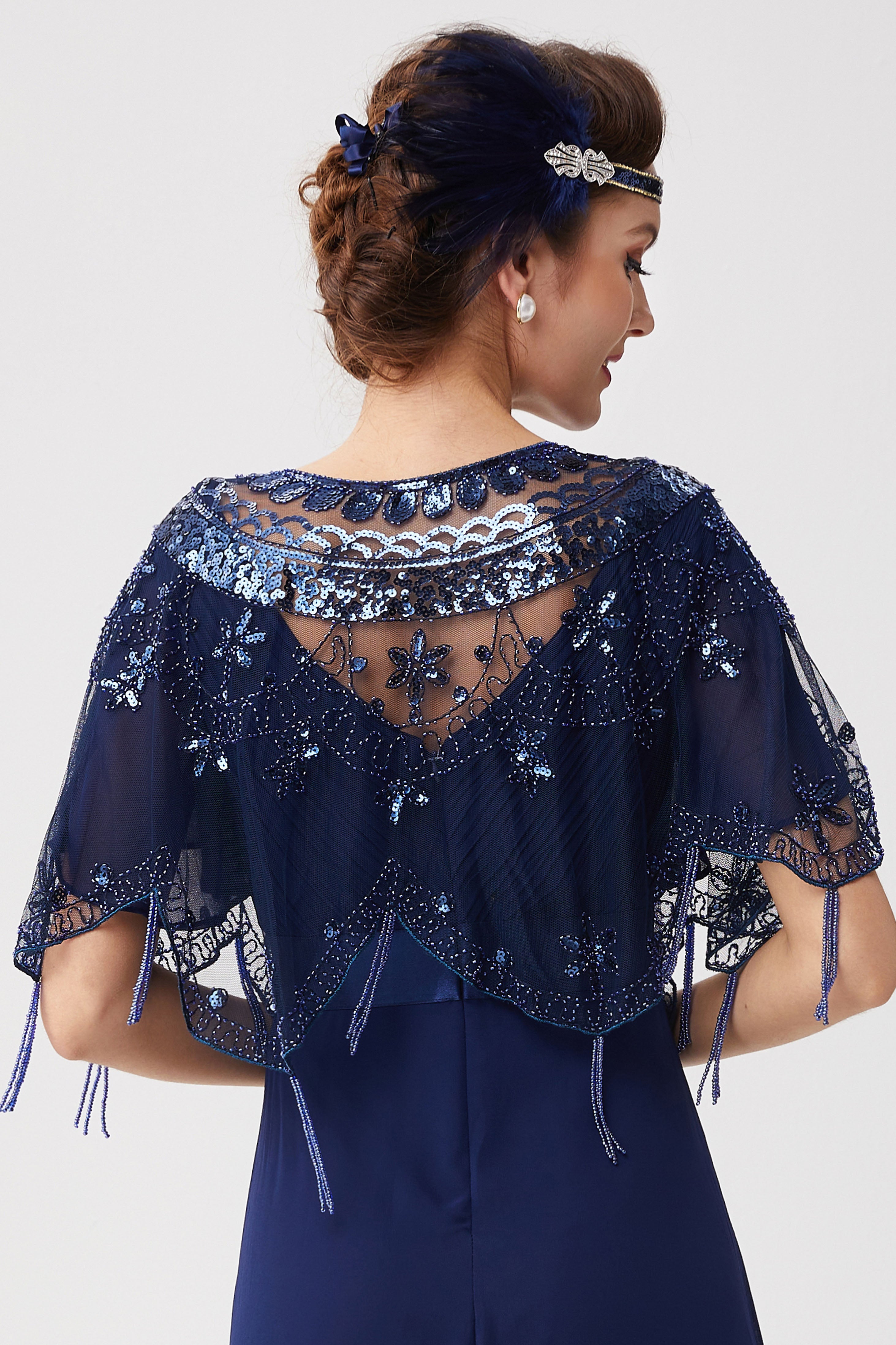 1920s Sequin Beaded Evening Shawl | Black/Blue | 15