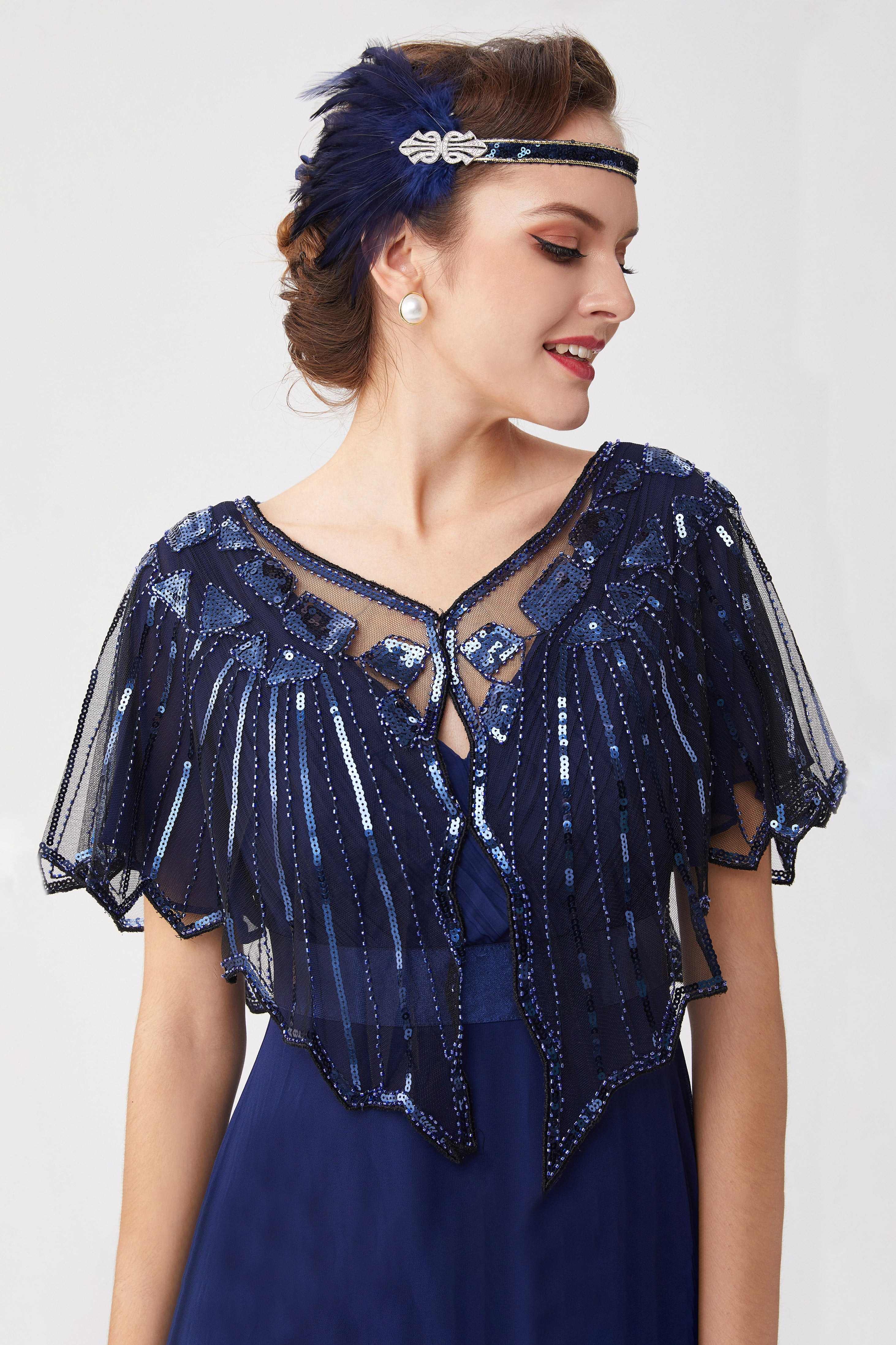 1920s Sequin Flapper Evening Shawl | Black/Blue | 12