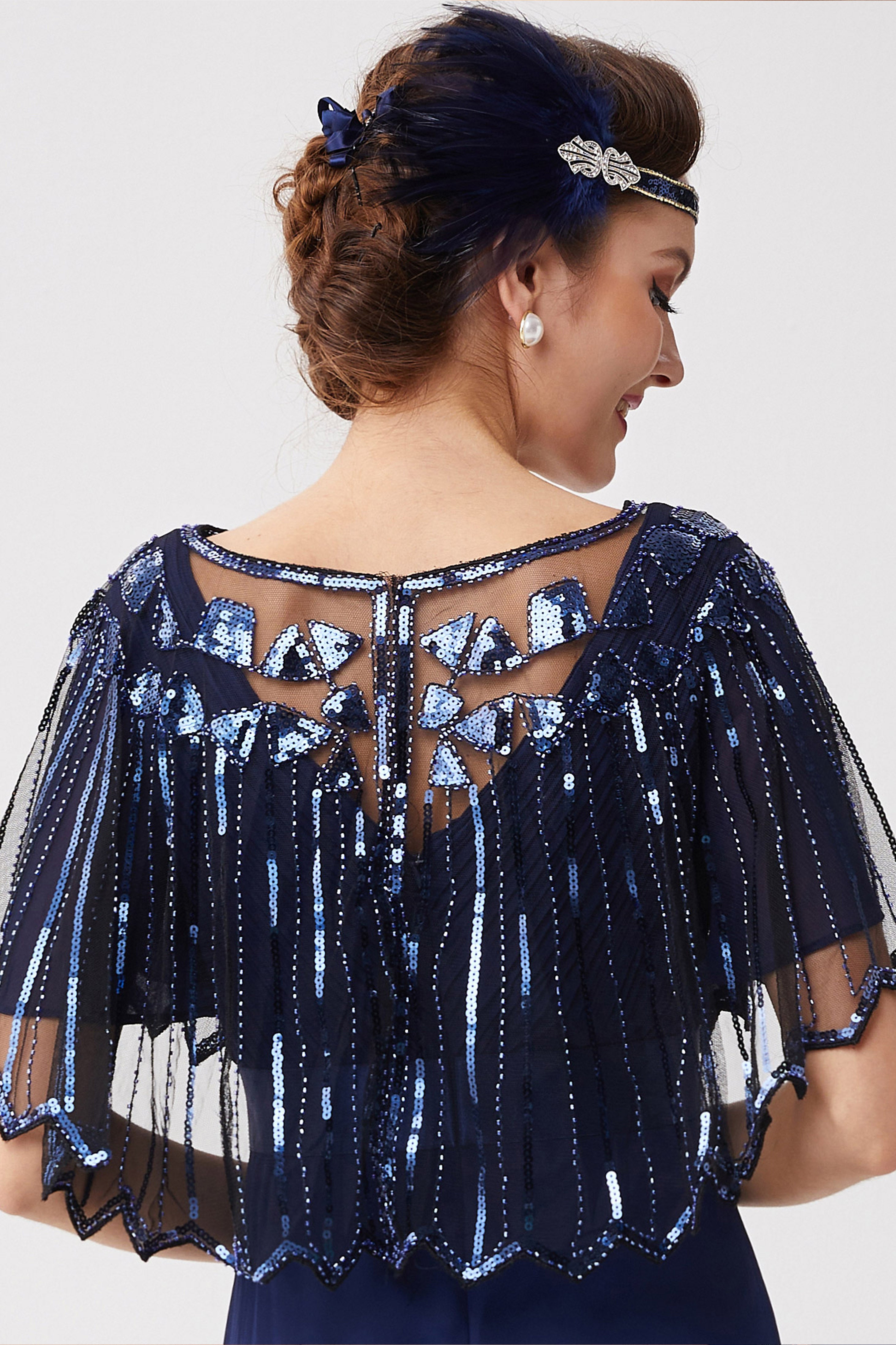 1920s Sequin Flapper Evening Shawl | Black/Blue | 15