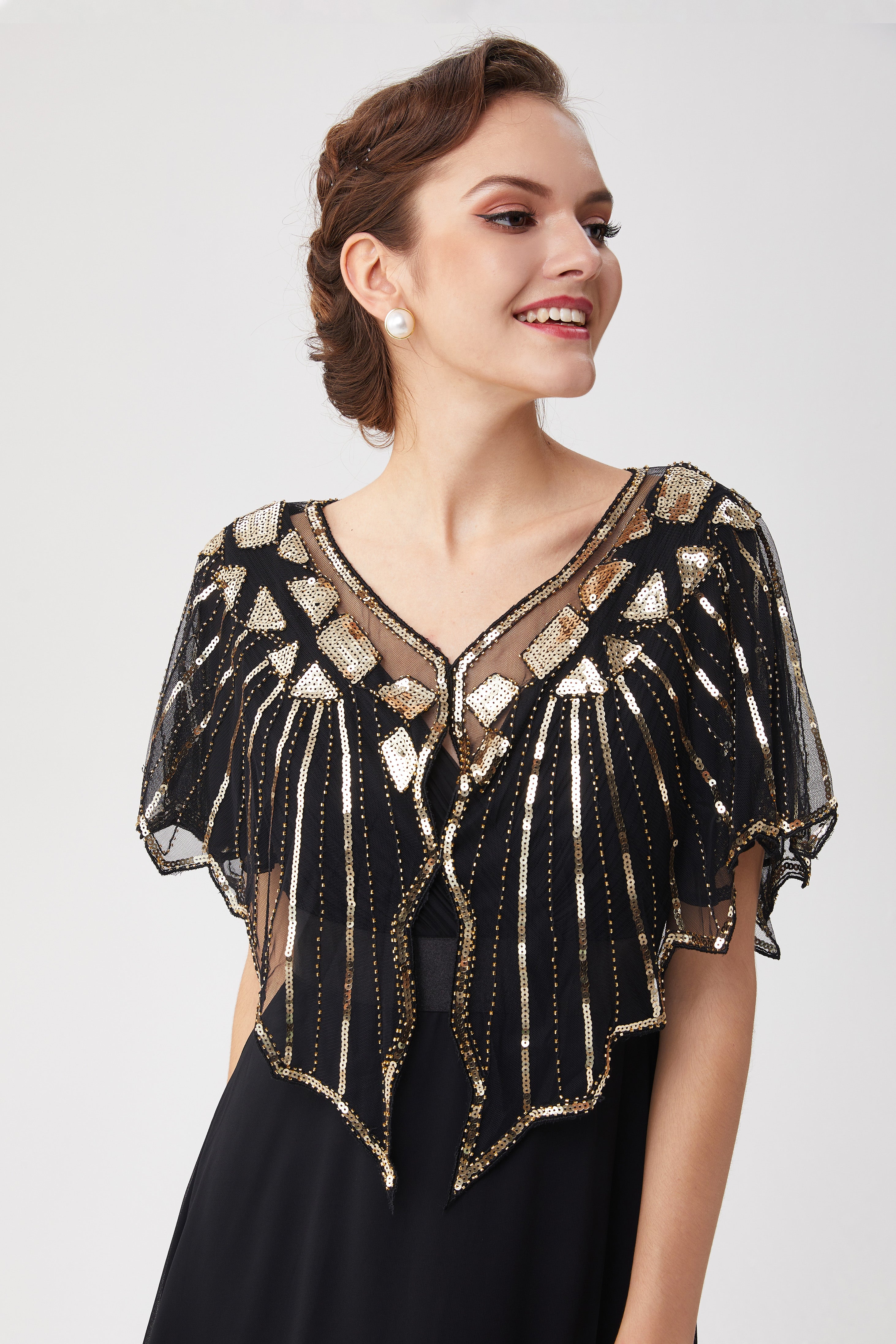 1920s Sequin Flapper Evening Shawl | Black/Gold | 12
