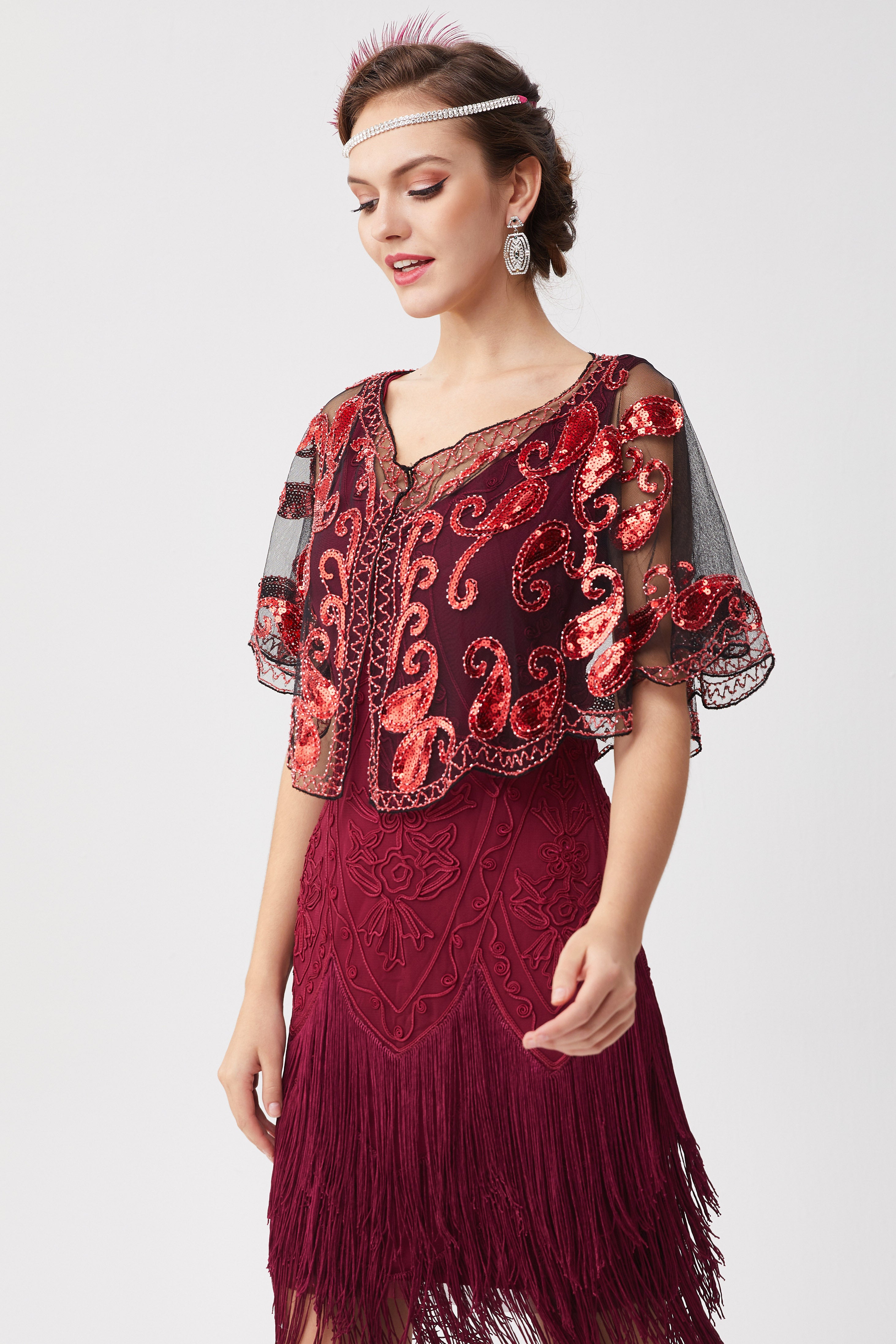 1920s Sequin Beaded Flapper Shawl | Black/Red | 18