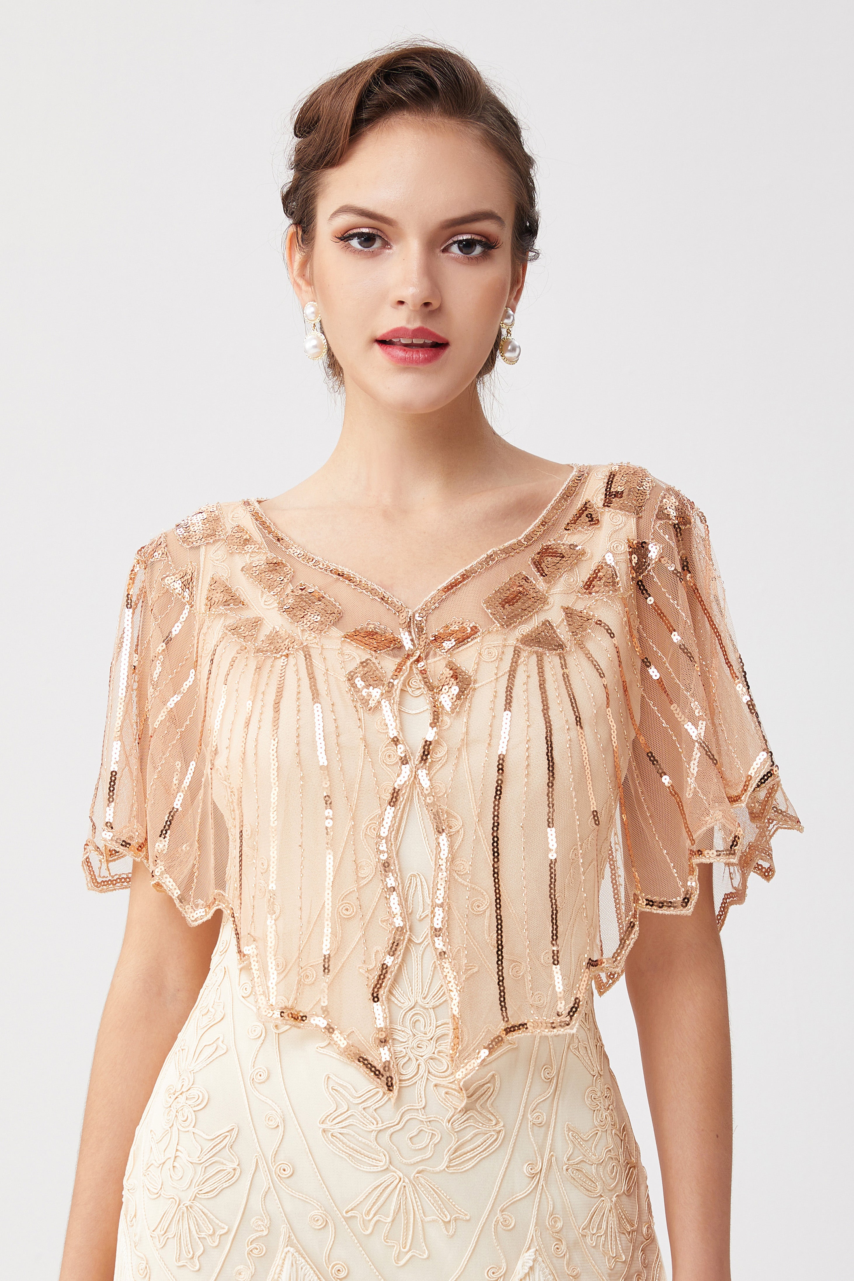 1920s Sequin Flapper Evening Shawl | Light Apricot/Gold | 2