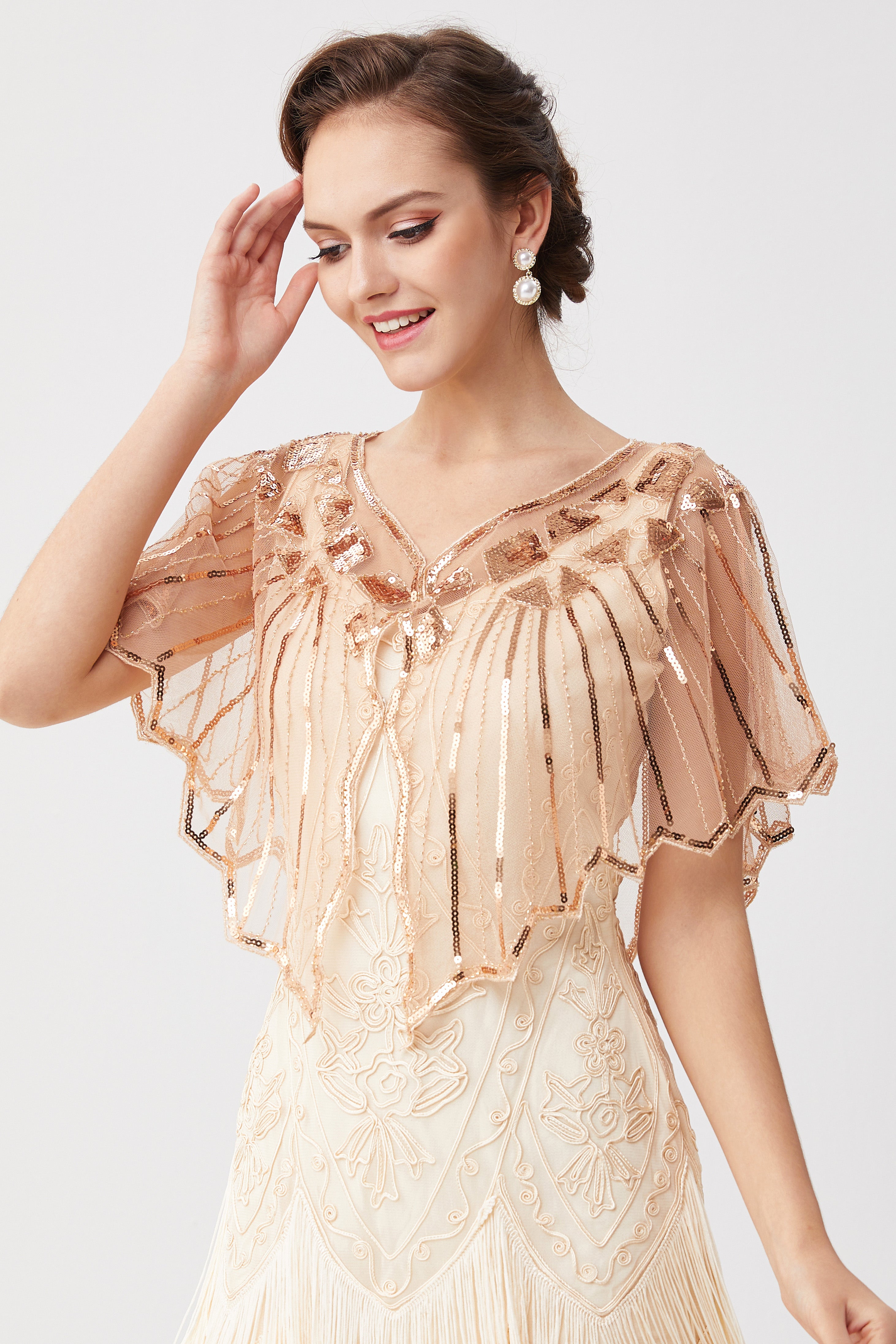 1920s Sequin Flapper Evening Shawl | Light Apricot/Gold | 3
