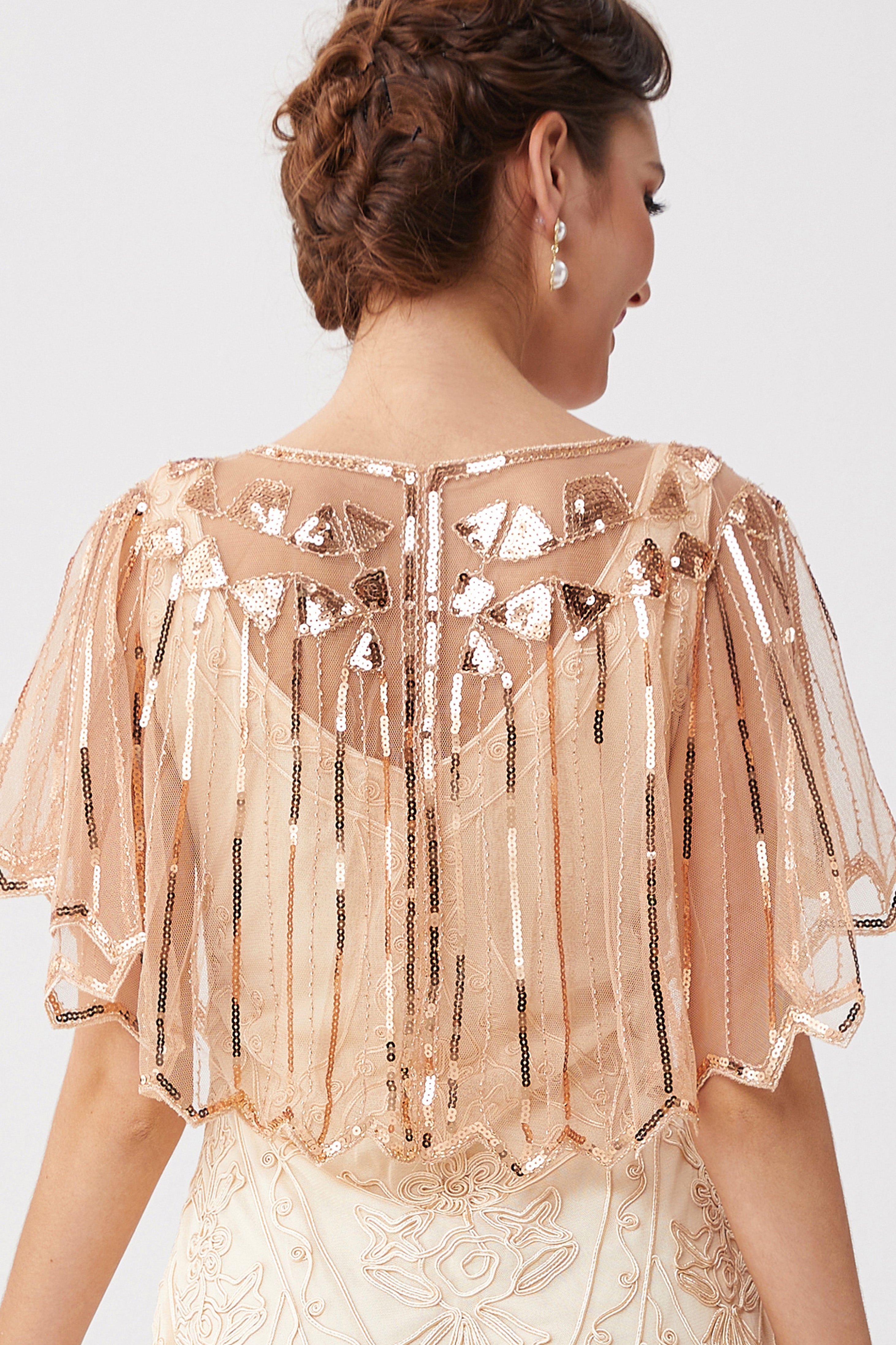 1920s Sequin Flapper Evening Shawl | Light Apricot/Gold | 5