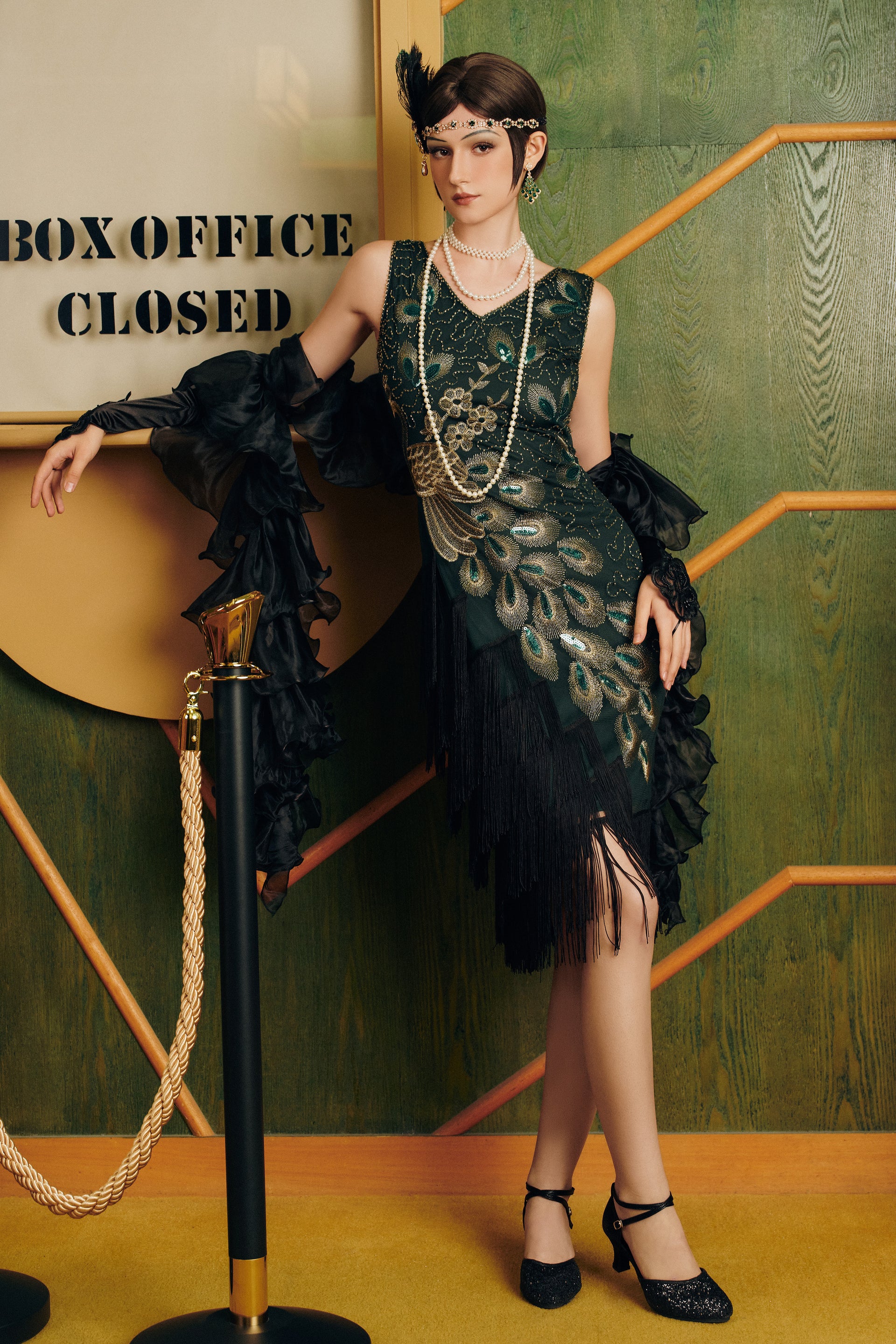 BABEYOND Vintage 1920s Fringed Peacock Style Flapper Dress, Roaring 20s Gatsby Party Dress, Black/Green Size XL