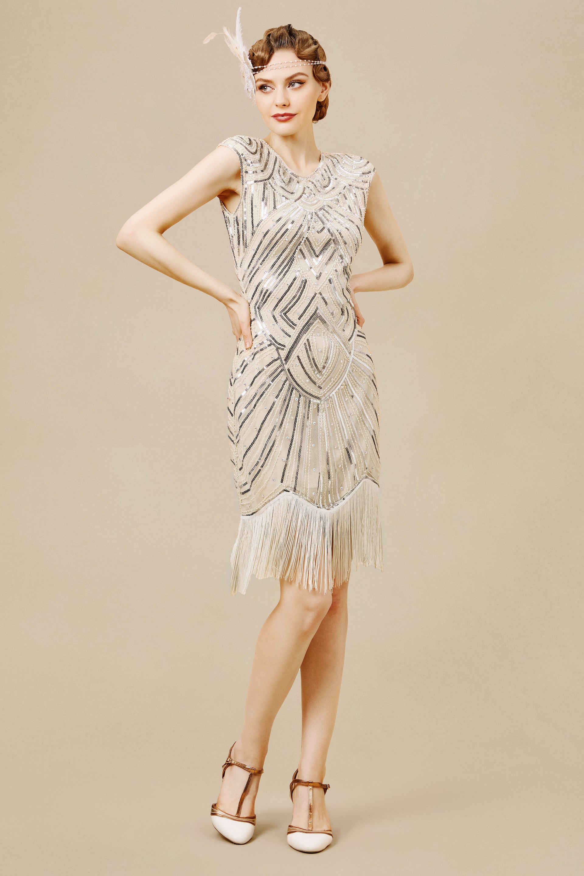 BABEYOND Women's Flapper Dance Dresses, 1920s Sequin Fringed Dress, Great Gatsby Party Dress, Beige, Size +XXXL