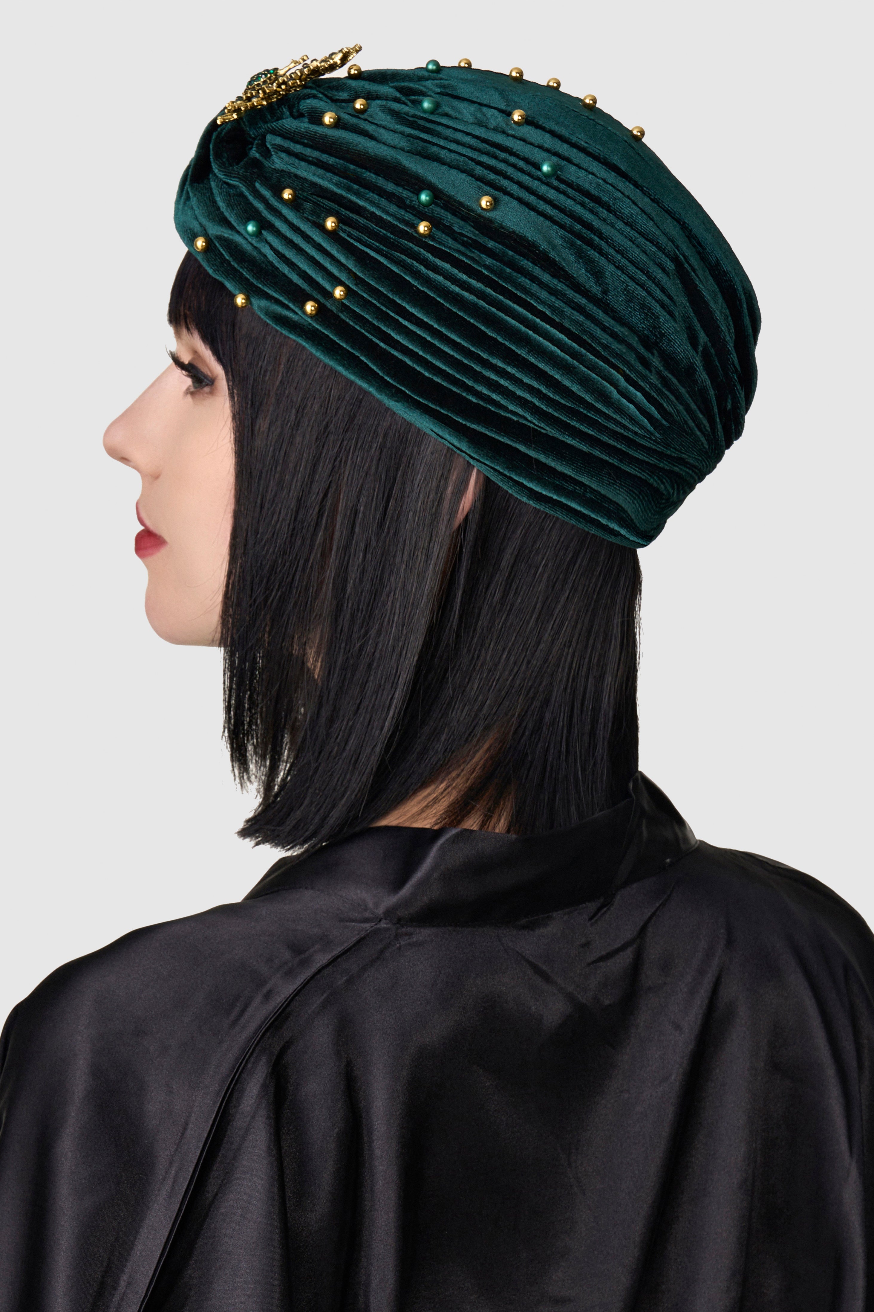 1920s Beaded Peacock Turban Hat | Darkgreen | 4