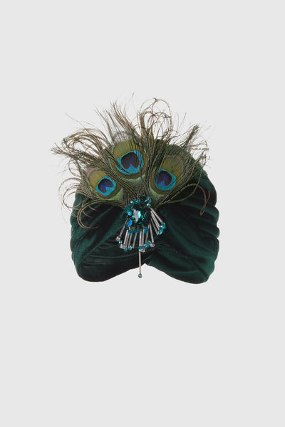 Vintage Ornate Crown/ Hat decorated with peacock feathers 1910 - 1920 Hat made of green velvet. It is heavily  main image 2