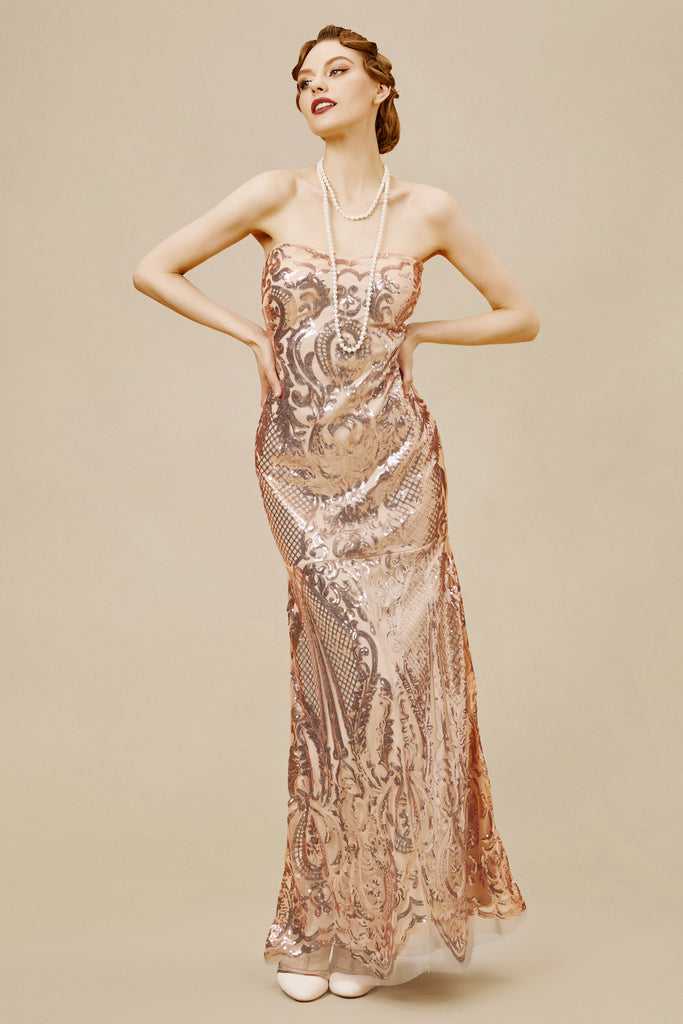 Embroidered Sequin Strapless Paisley Dress - BABEYOND