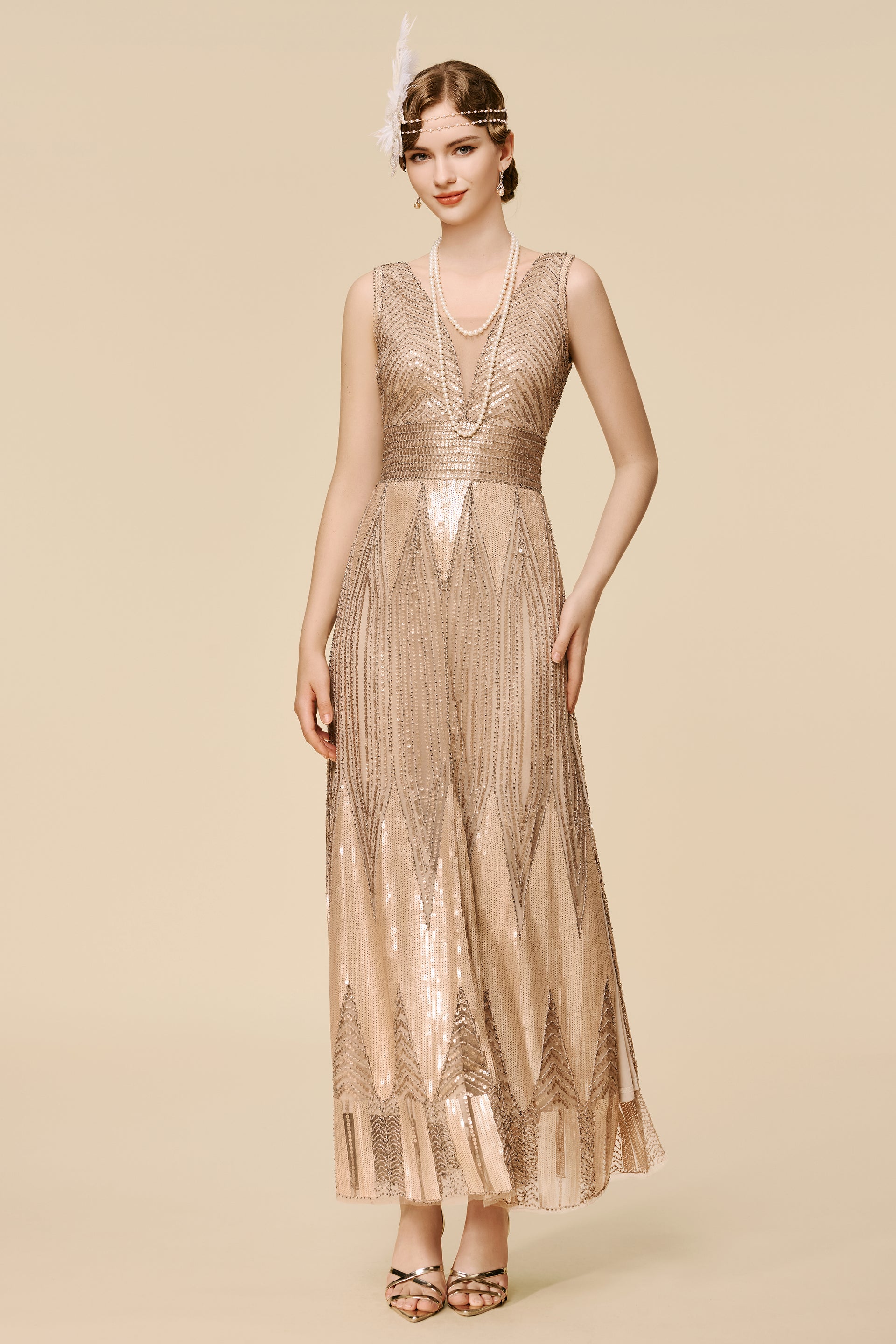 BABEYOND Art Deco Retro Scoop Neck Side Slit Sequin Long Evening Dress Size L