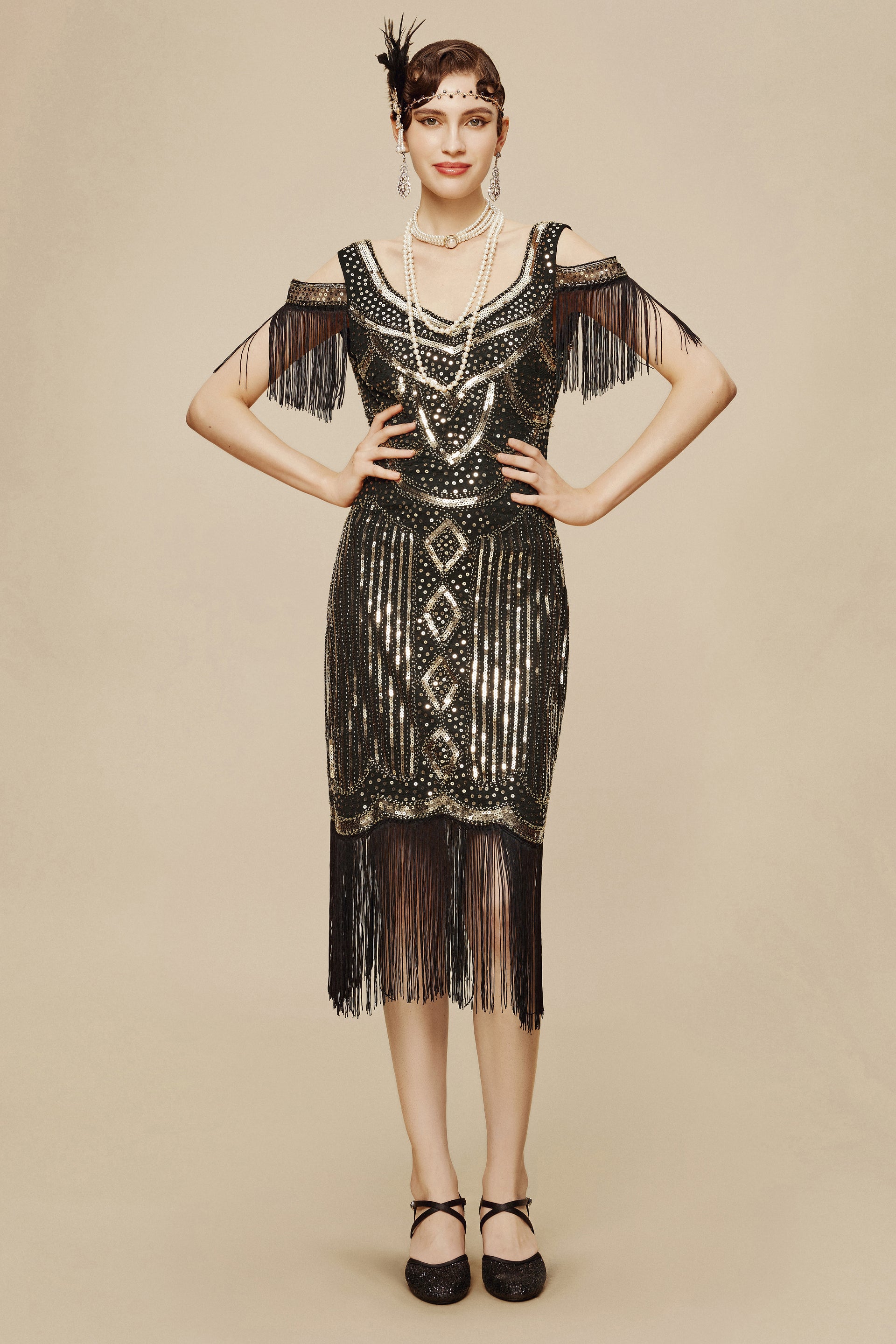 green emerald velvet dress Black chiffon flapper dress with tiered skirt main image 1