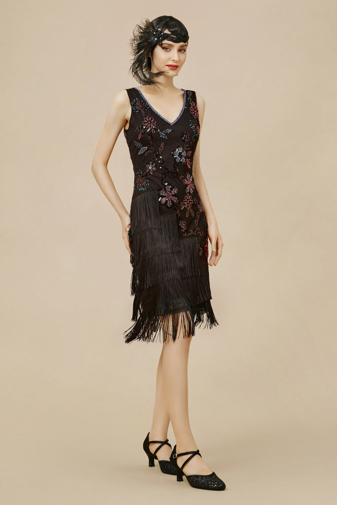 Flowery Tassel Sequins Flapper Dress - BABEYOND