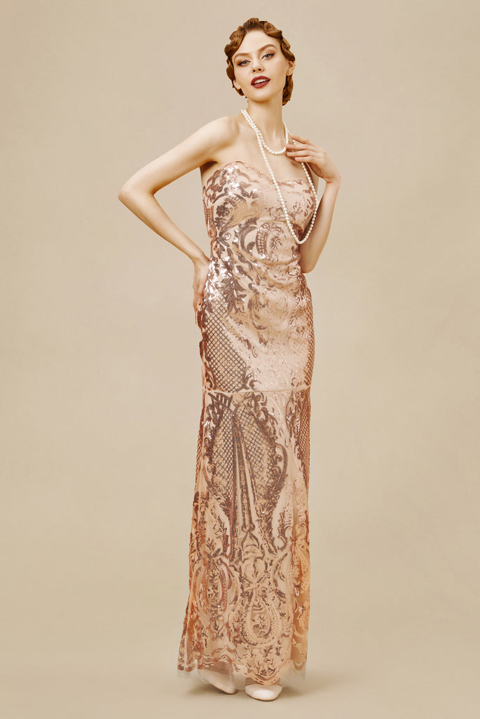 Embroidered Sequin Strapless Paisley Dress - BABEYOND