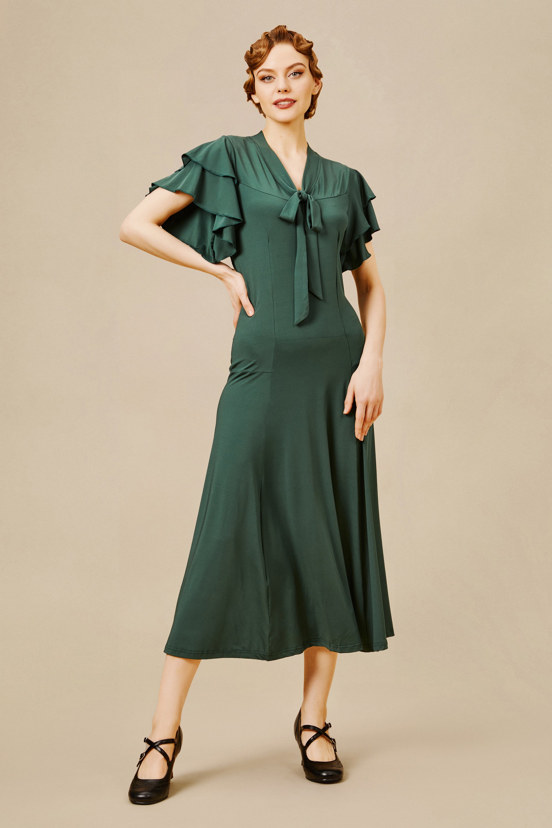BABEYOND Tie Neck Ruffle 1950s Daily Dress, Retro Tie Neck Midi Ruffle Dresses, Dark Green, Size L