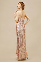 Embroidered Sequin Strapless Paisley Dress | Rosegold | 4