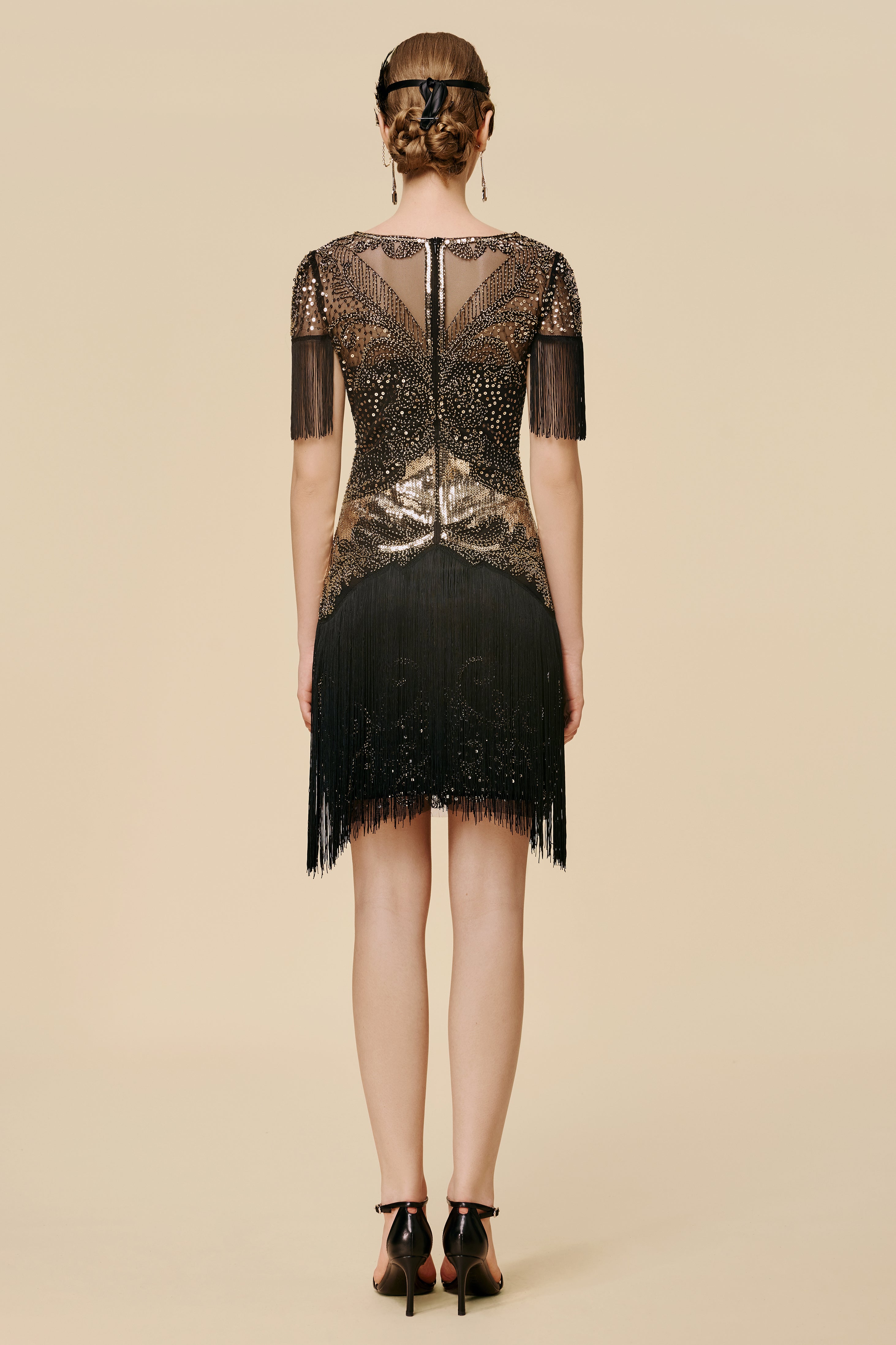 BABEYOND 1920s Flapper Dress, Long Fringed Sequins Gatsby Dress, Charleston Dance Dress, Black/Gold, Size Size S