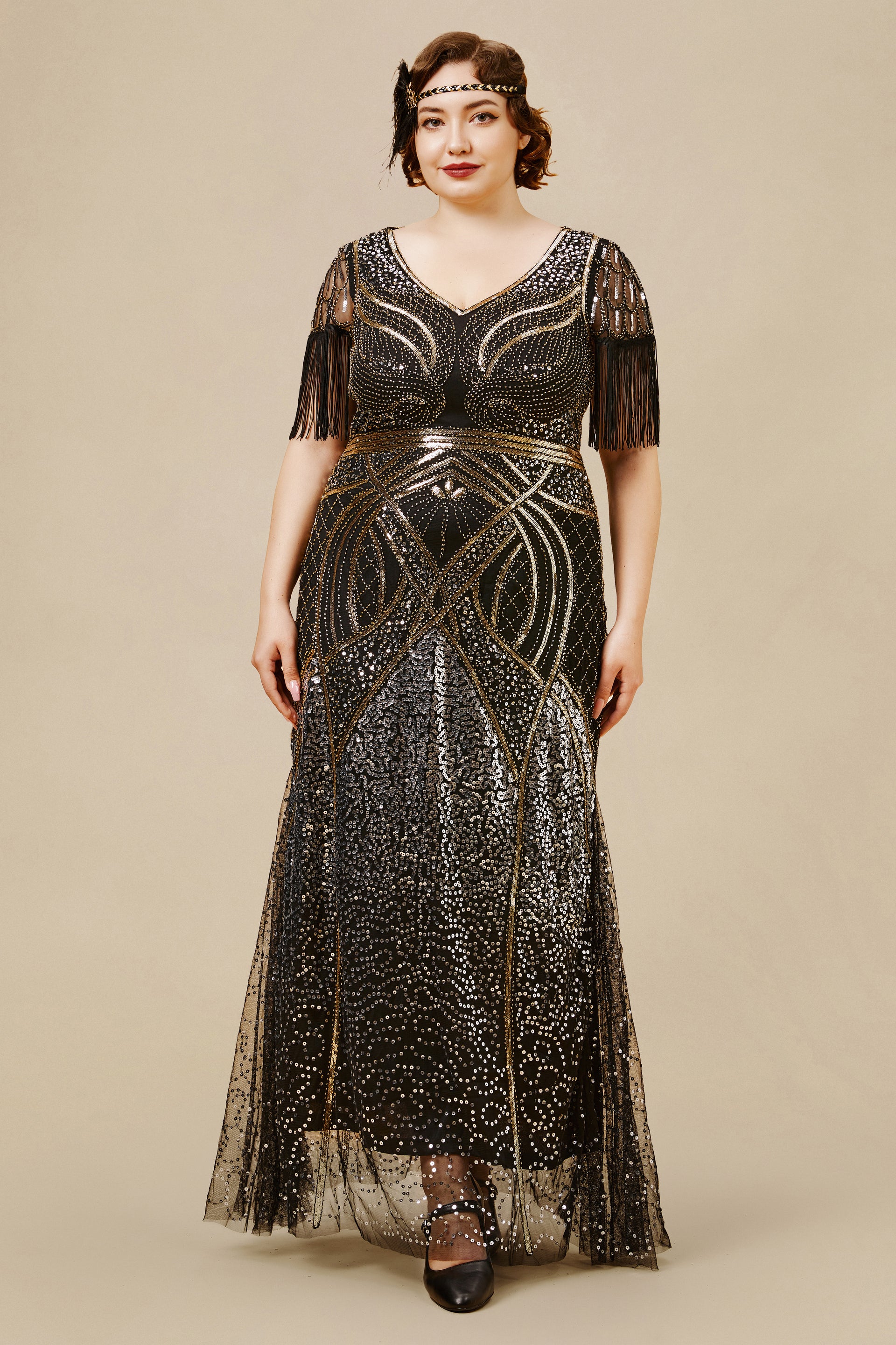 BABEYOND Art Deco Fringe Sleeve Plus Size 20s Formal Dress, 1920s Maternity Evening Dress, Black / Gold, Size 4XL BABEYOND Art Deco Fringe Sleeve Plus Size 20s Formal Dress, 1920s Maternity Evening Dress, Black / Gold, Size 4XL