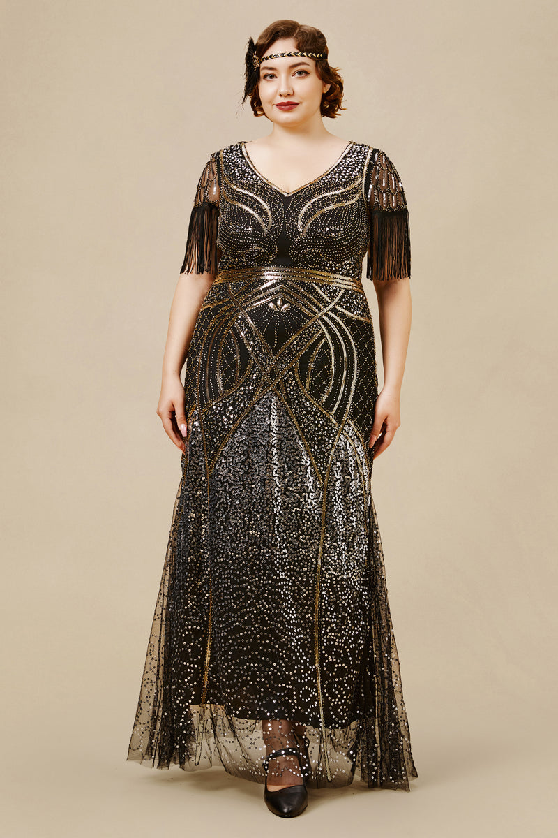 model wearing a black-and-gold 1920s Mermaid-Hem Cocktail Plus-sized flapper Dress