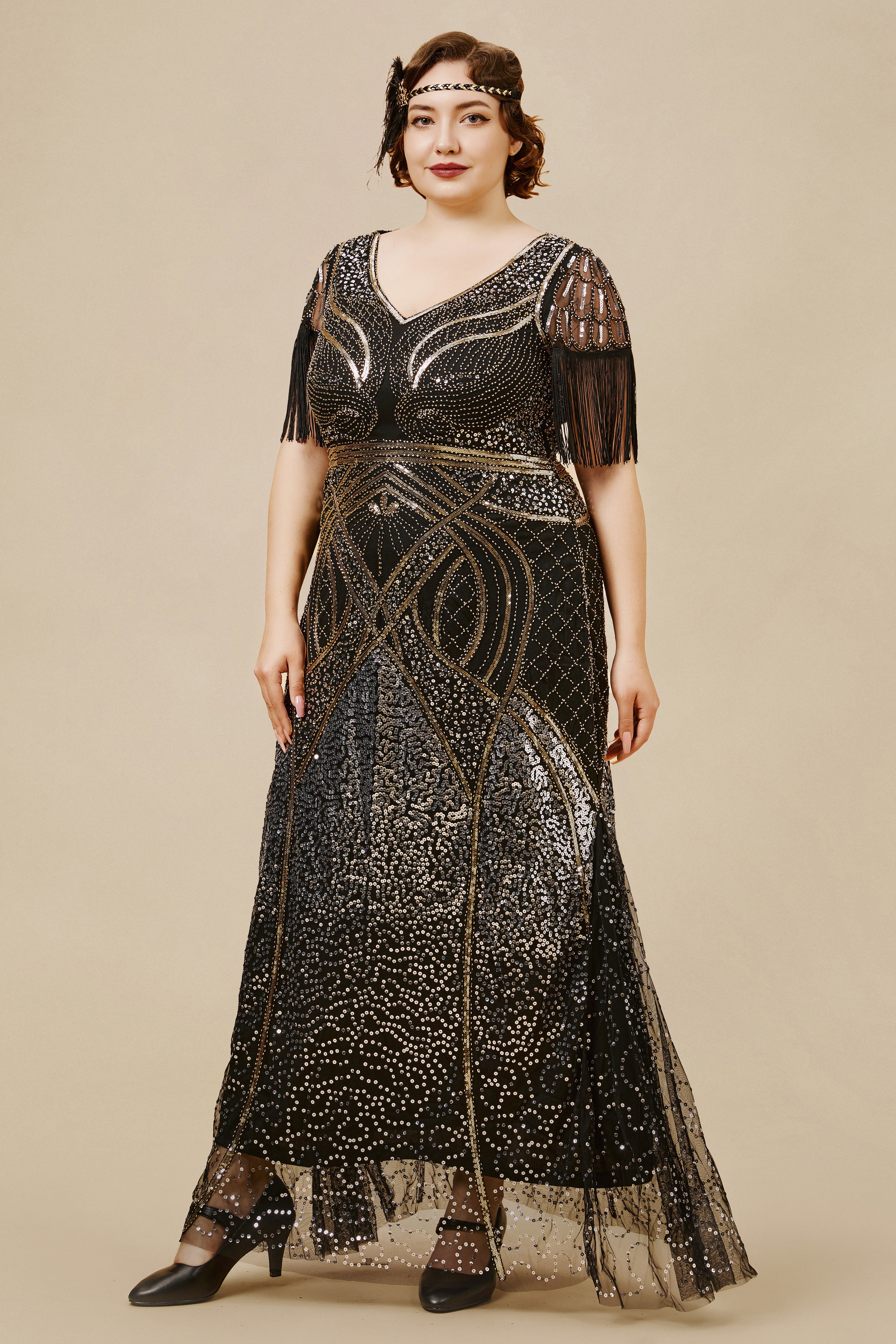 BABEYOND Art Deco Fringe Sleeve Plus Size 20s Formal Dress, 1920s Maternity Evening Dress, Black / Gold, Size 4XL