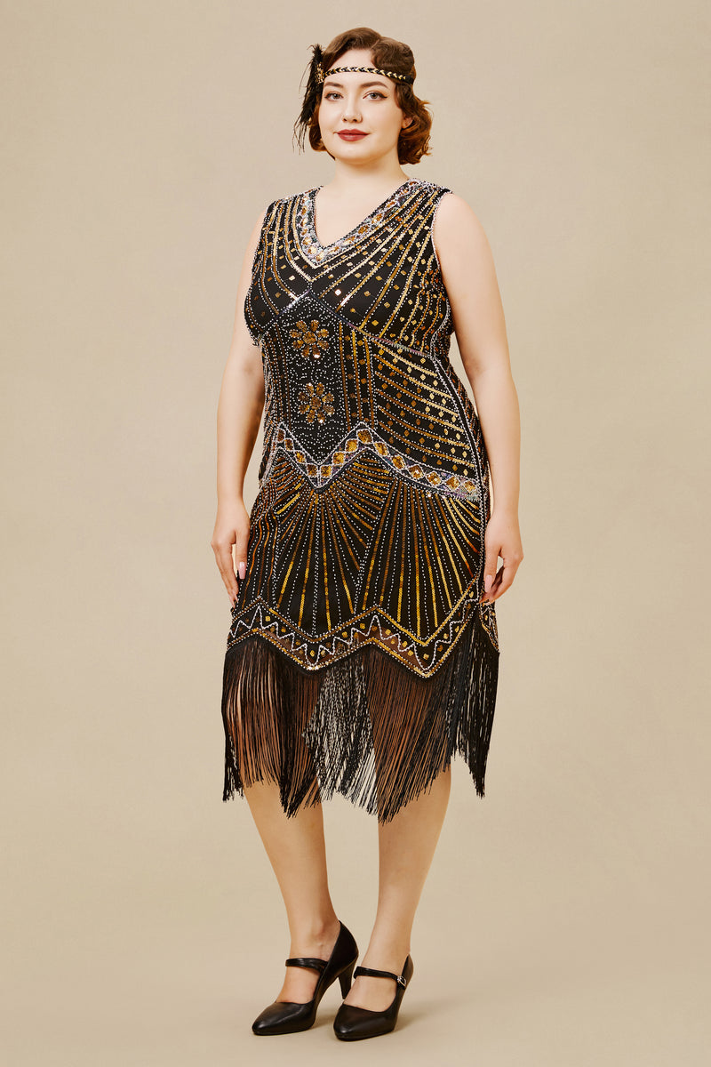 a woman wearing a plus-size sleeveless Art Deco Flapper dress
