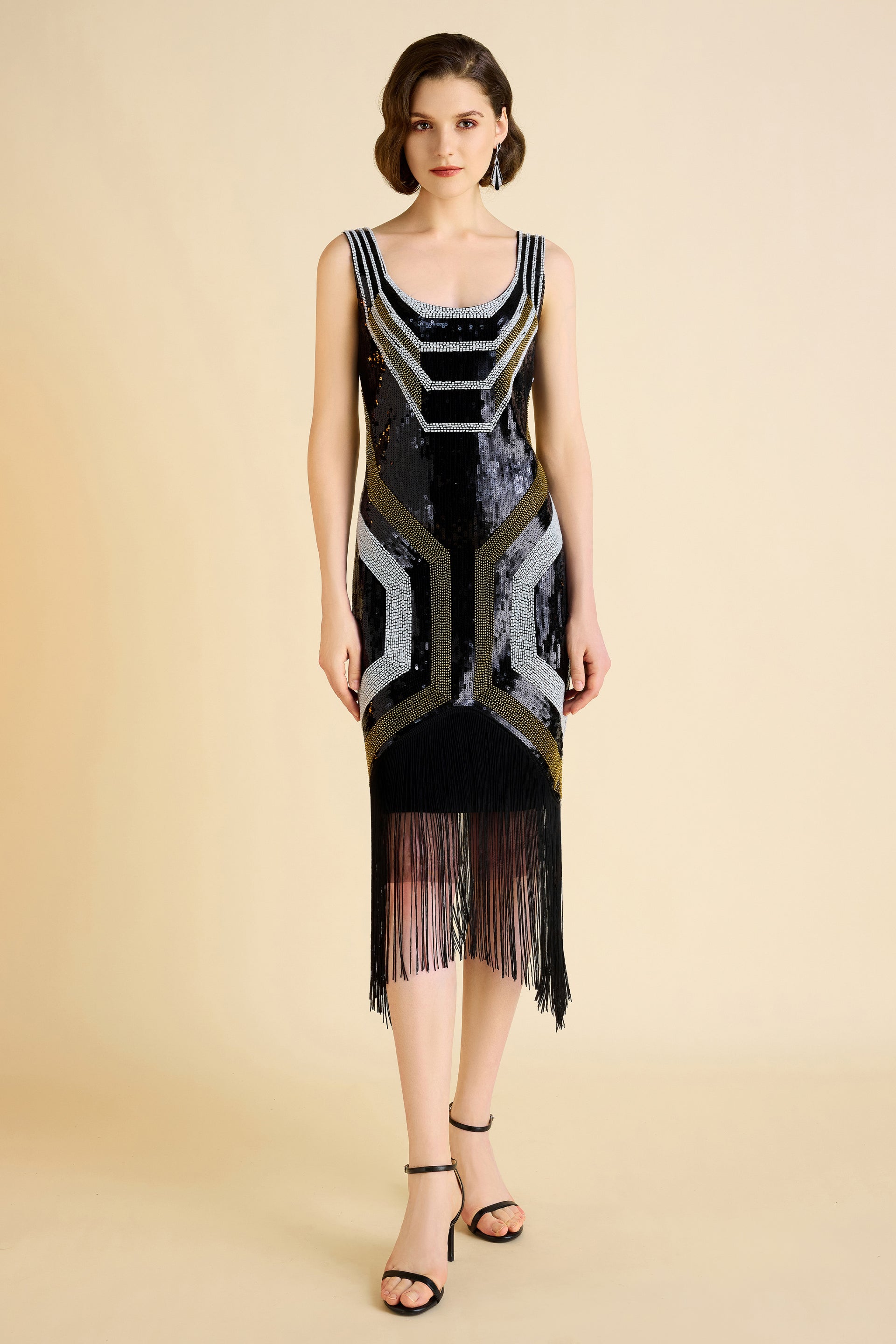 BABEYOND Art Deco Geometric 1920s Fringed Flapper Sequin Dresses, Black / Gold, Size 4 BABEYOND Art Deco Geometric 1920s Fringed Flapper Sequin Dresses, Black / Gold, Size 4