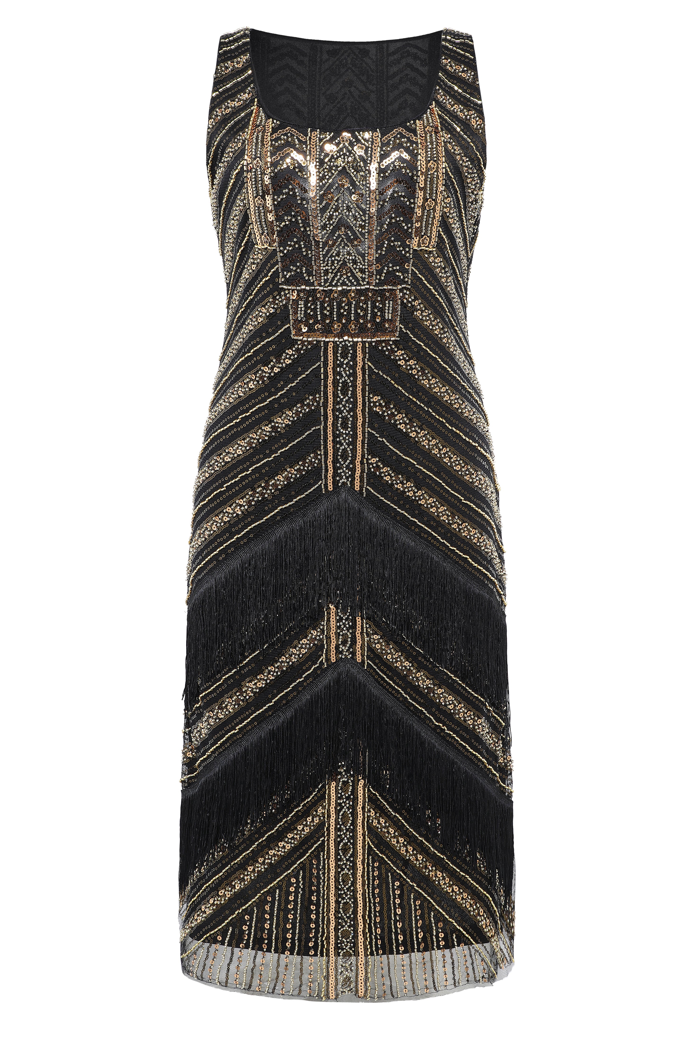BABEYOND Art Deco Geometric Symmetry Beaded Flapper Dress, 1920s Dresses, Black / Gold