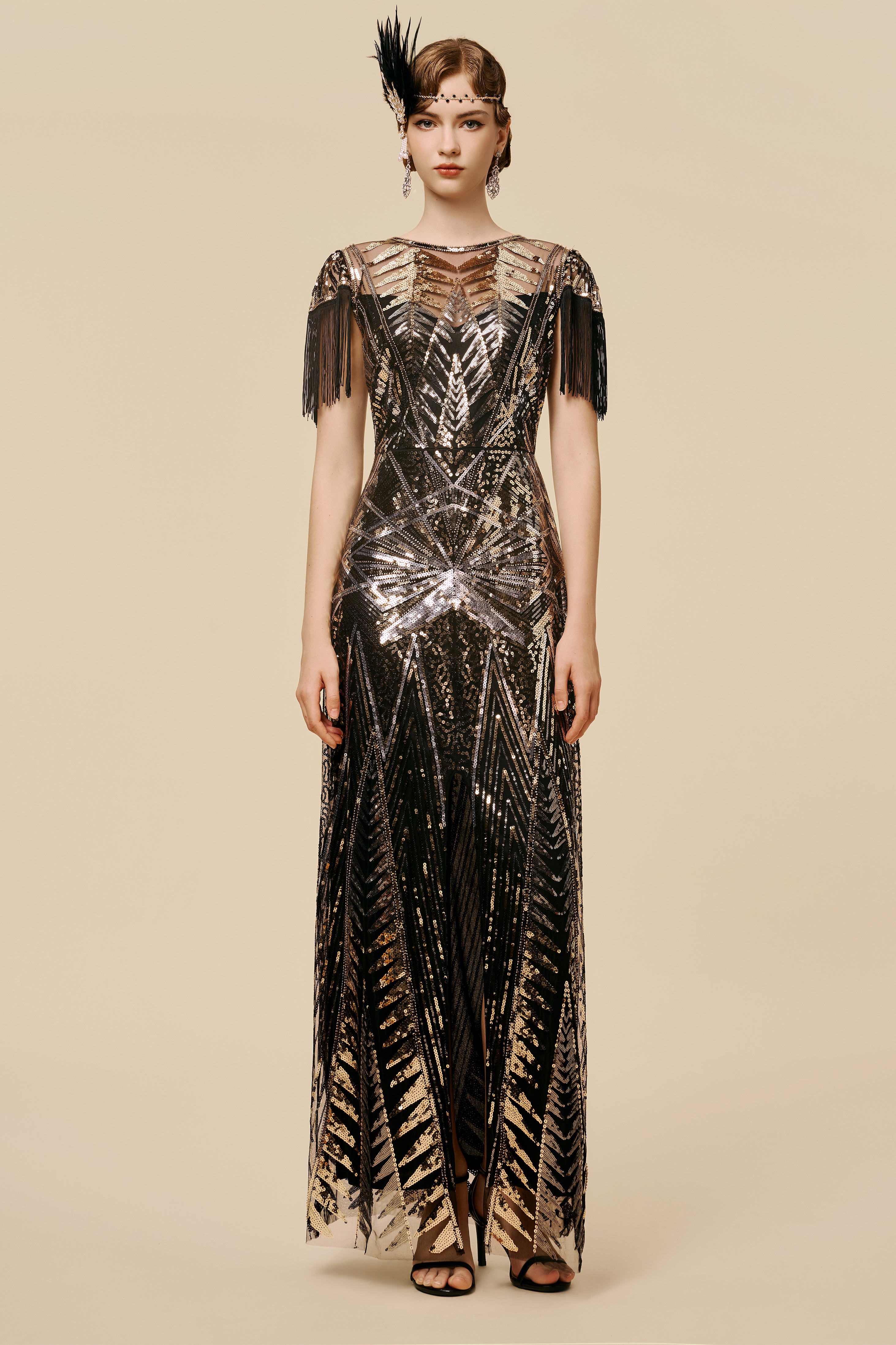 BABEYOND Art Deco Golden Starburst Dress, Evening Gowns, Black / Gold, 8