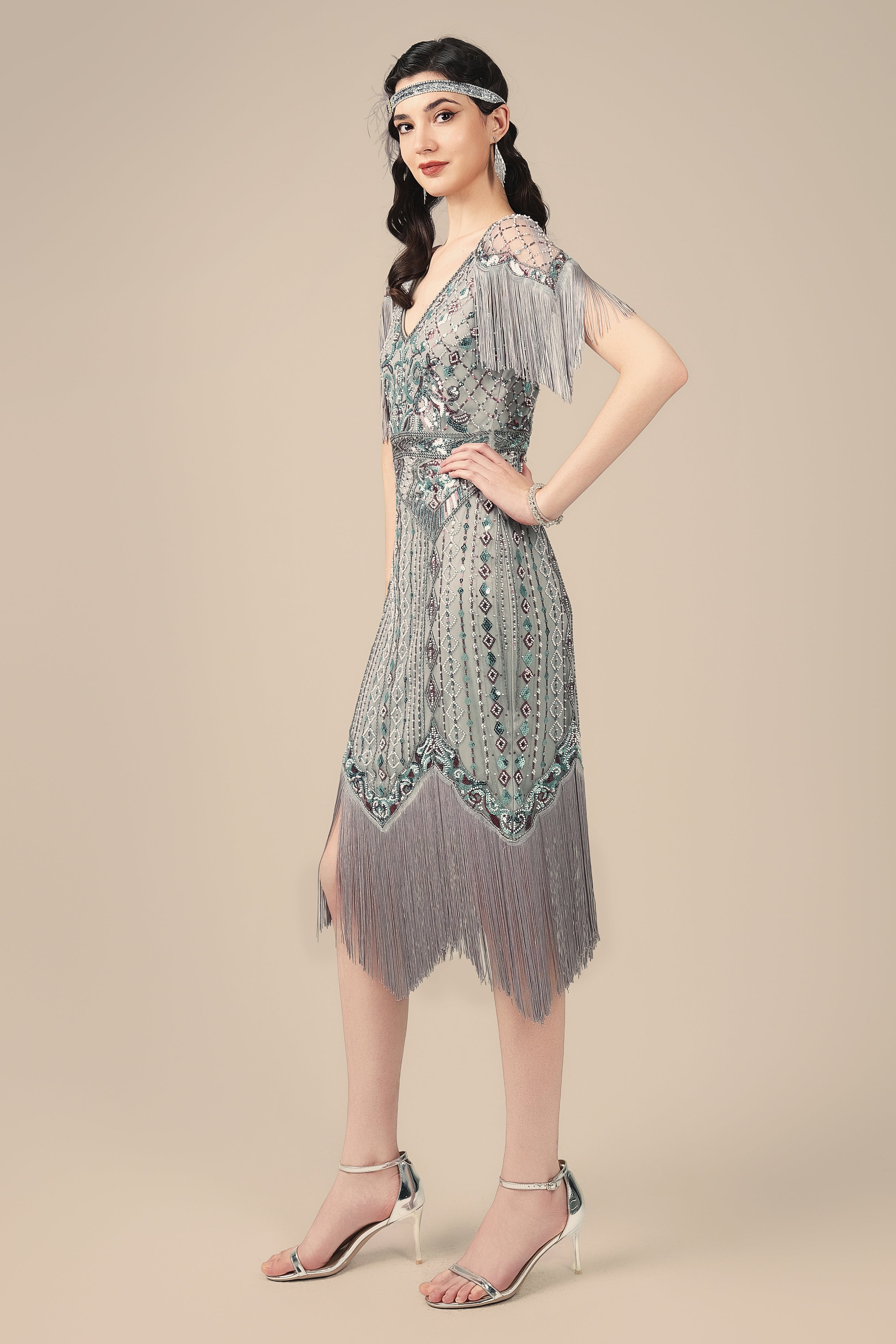 BABEYOND Art Deco Fringe Flapper Dress, 1920s Dresses, Frosted Olive